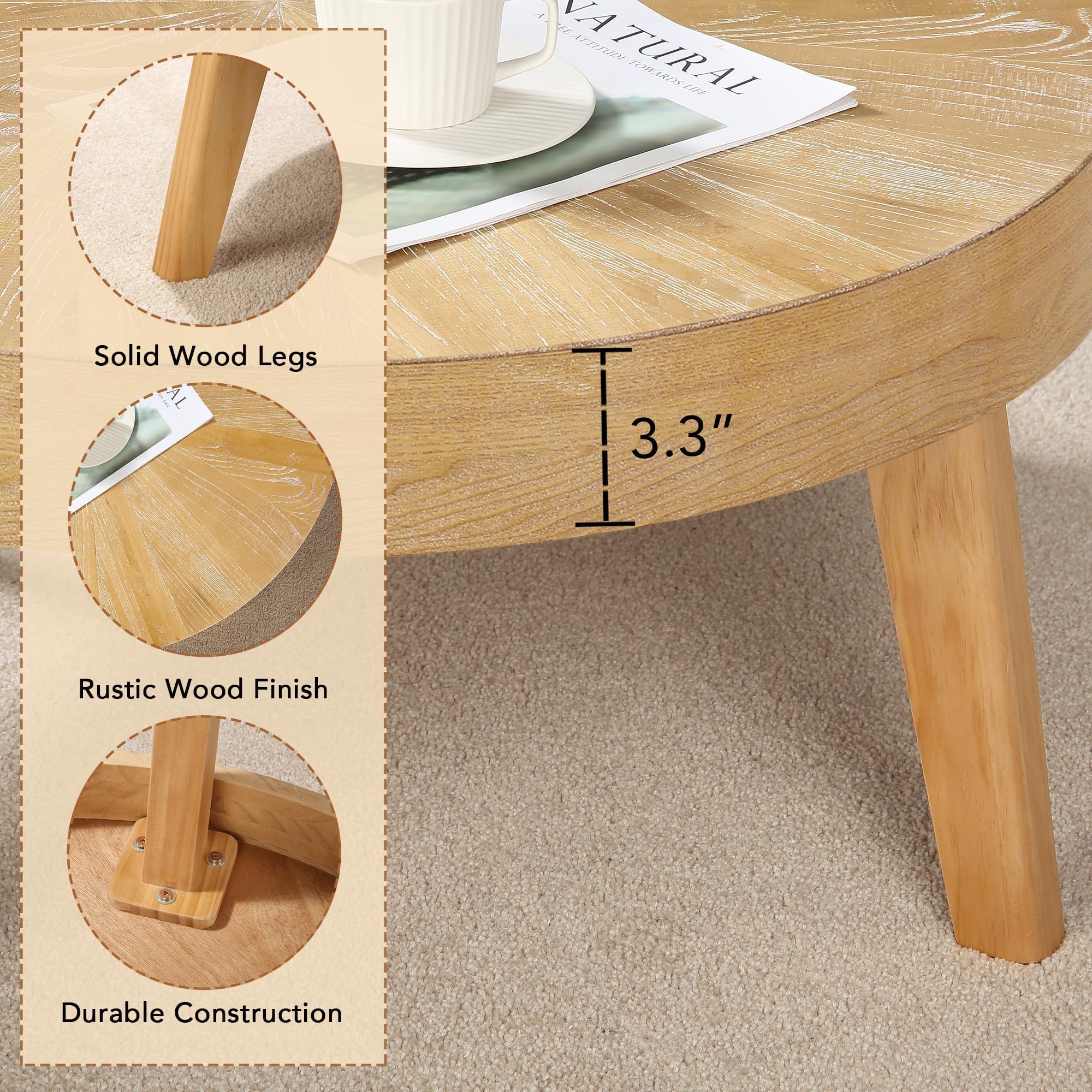Rustic Round Coffee Table Set of 3 - Boho Chic Nesting Side Tables with Natural Wood Finish for Living Room, Bedroom & Home Office - Perfect for Small Spaces, Coffee Time & Home Decor