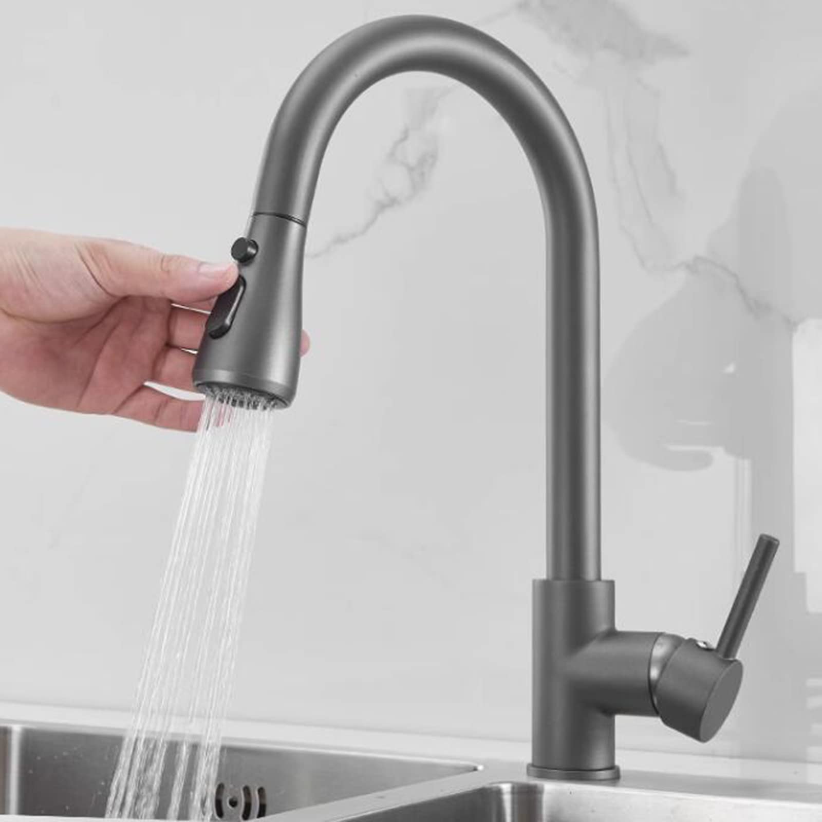 High-Quality Grey Brass Kitchen Sink Faucet with Pull-Out Spray - 360° Swivel for Hot & Cold Water - Perfect for Modern Kitchens and Easy Dishwashing
