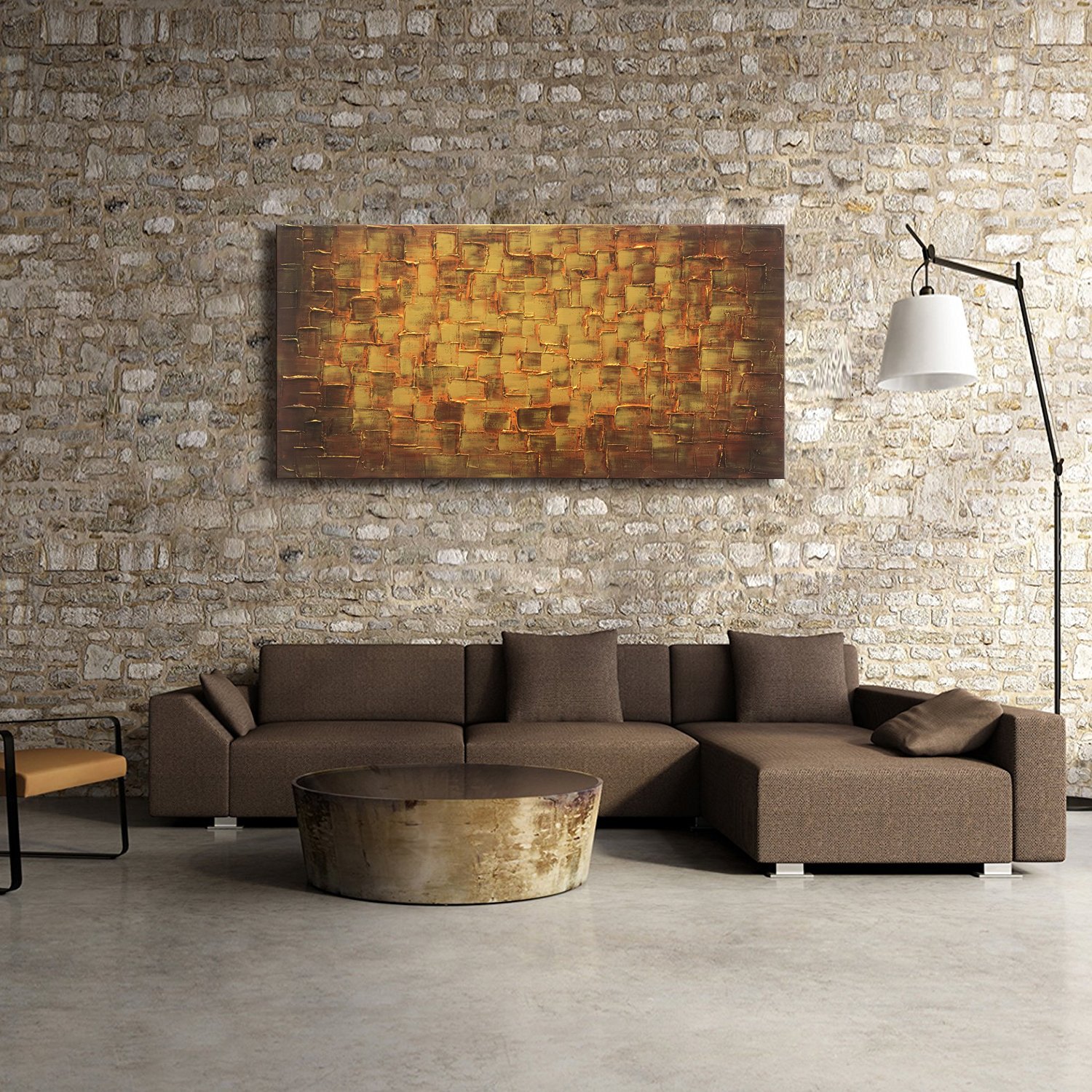 Large Abstract Golden Yellow Square Wall Art - Hand Painted Textured Oil Painting on Canvas - Ready to Hang 60x30 Inches - Modern Home Decor for Living Room, Bedroom & Office