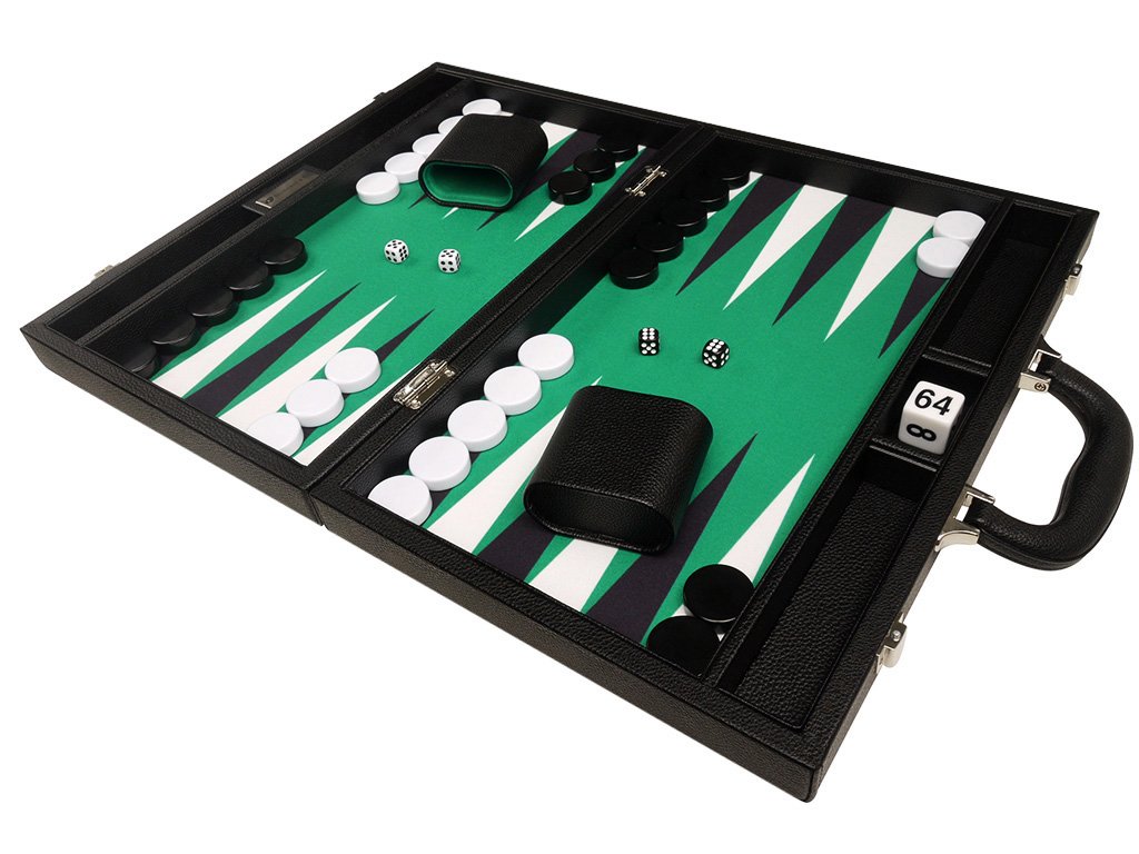 Premium 16-inch Backgammon Set - Medium Size with Black Board & Green Playing Surface - Classic White and Black Points - Perfect for Family Game Nights, Travel, and Casino-Style Entertainment