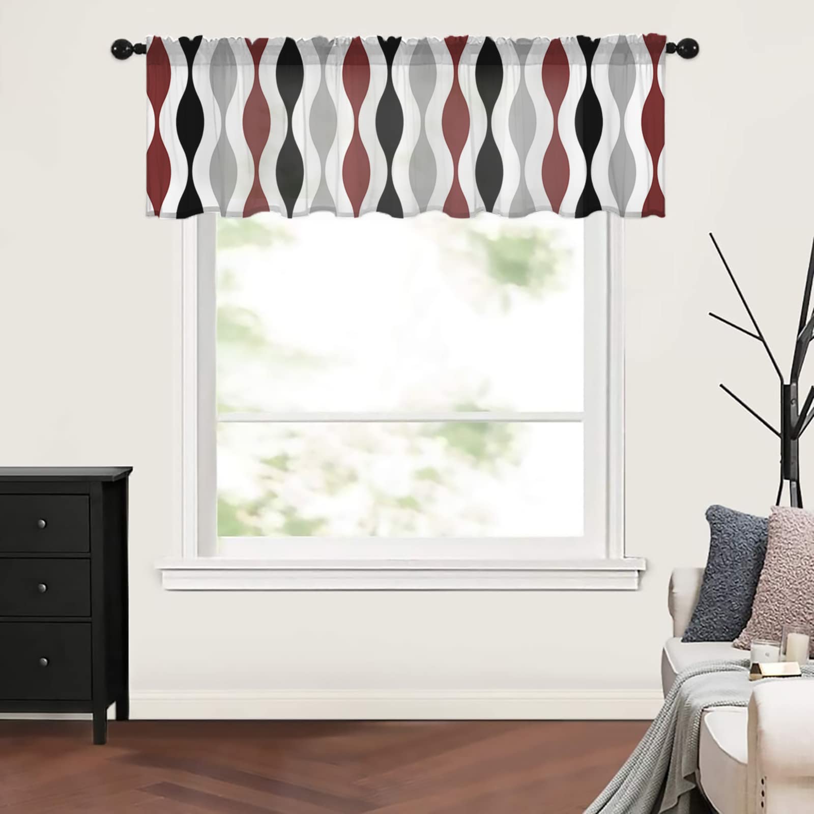 Geometric Red Black Grey Abstract Stripe Valance Curtains - 54