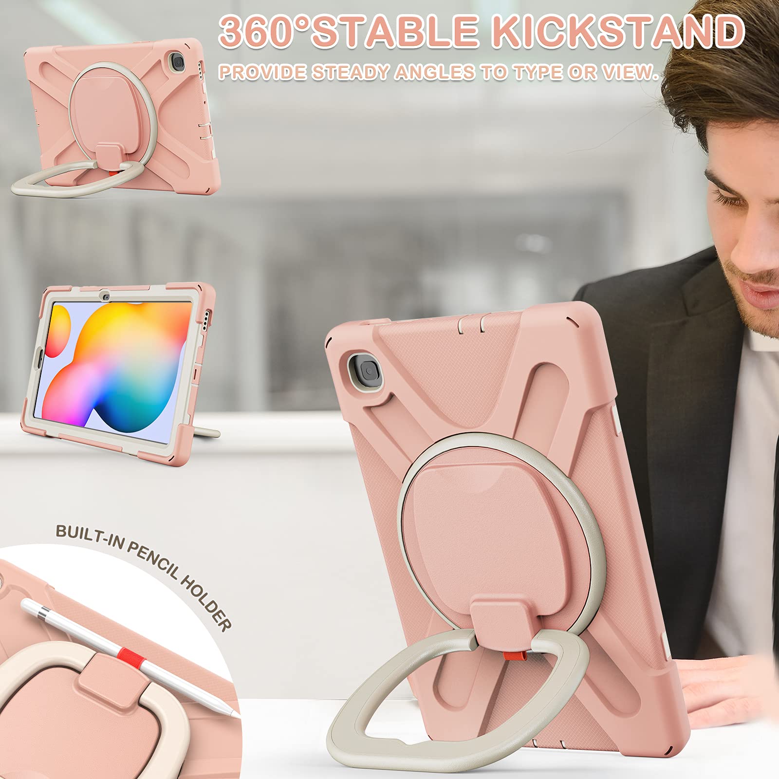 BATYUE Samsung Galaxy Tab S6 Lite 10.4 Inch Case (2022/2020 Model SM-P610/P613/P615/P619) - Shockproof Protective Cover with Pencil Holder & 360° Swivel Stand - Rose Gold - Perfect for Kids, Students & Travel Use