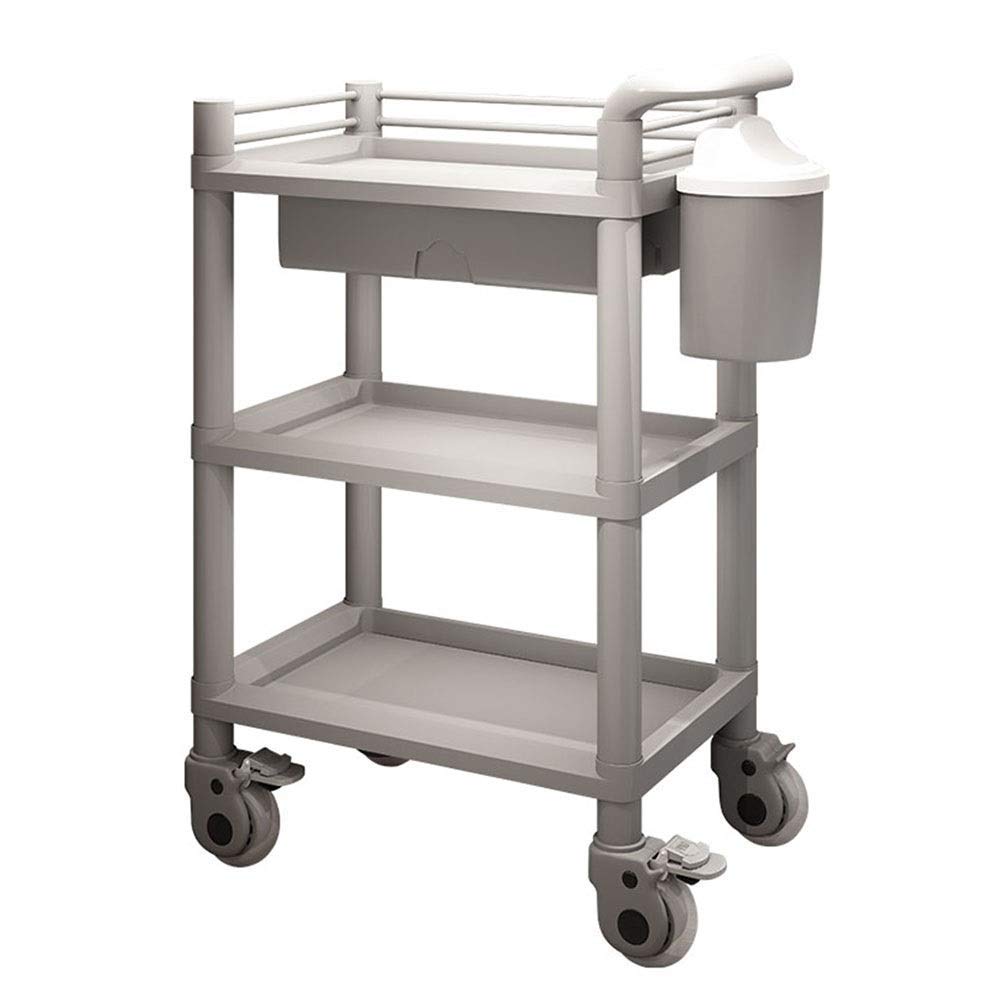 OMOONS 3-Tier Rolling Utility Cart with Drawer & Dirt Bucket - Extra Tall ABS Beauty Salon Trolley with Brake Wheels (100kg Capacity) - Perfect for Salon, Kitchen, Warehouse & Home Organization