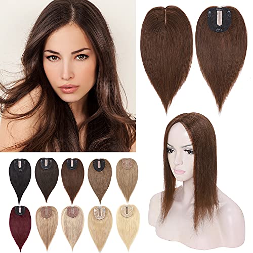 SEGO Real Human Hair Toppers for Women - 130% Density 10x12cm Silk Base Clip-In Top Wiglet | 100% Remy Human Hair Pieces for Thinning Hair & Grey Coverage | 18 Inch Medium Brown | Perfect for Daily Wear, Special Occasions & Hair Volume Boosting