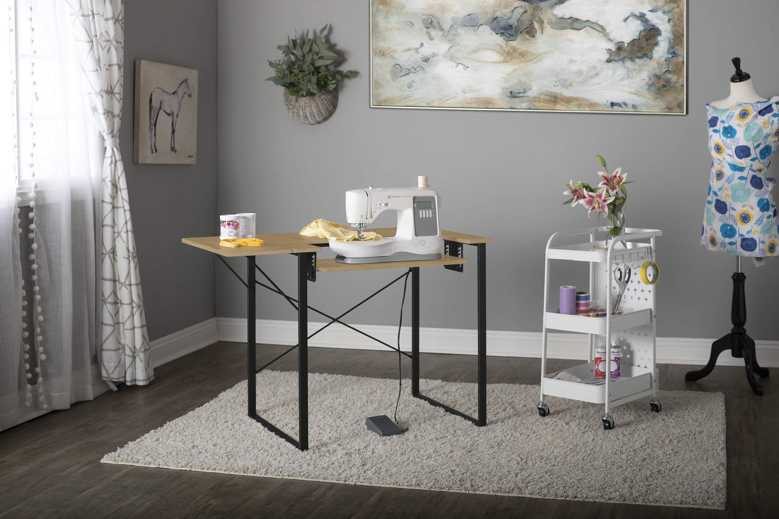 Multipurpose Folding Workstation Desk for Sewing, Crafts, Computers & Gaming - Wood/Metal Construction with Graphite/Ashwood Finish, 41W - Perfect for Home Office, Craft Room & Small Spaces