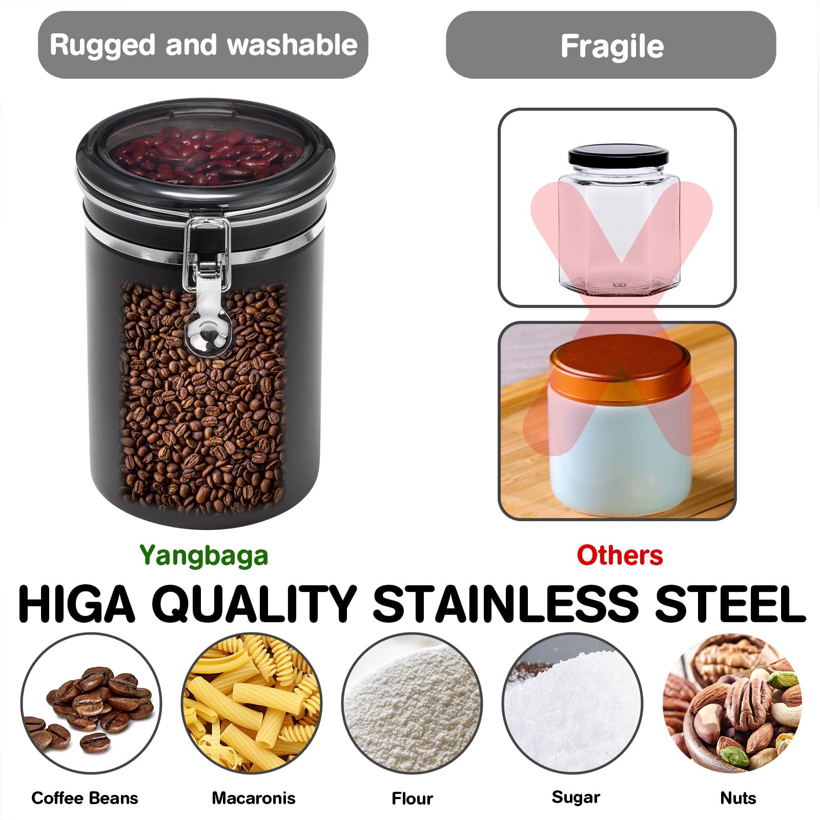 Yangbaga 2-Pack 66OZ Stainless Steel Coffee Canisters with Shelf - Airtight Locking Clamp & Scoop Included - Perfect for Coffee Bean Storage, Ground Coffee, Cereal & Kitchen Pantry Organization - Ideal for Coffee Stations, Home Kitchens & Office Break Rooms