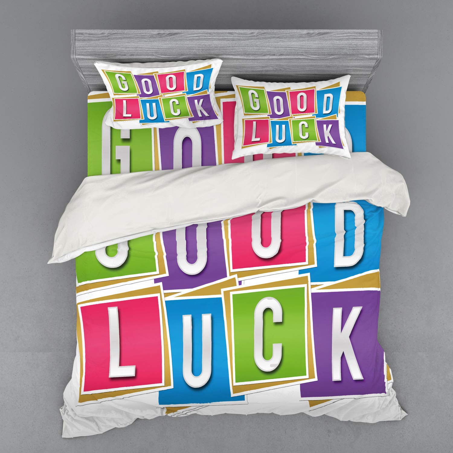Ambesonne Colorful Vibrant Blocks with Letters Saying Luck Modern Art Duvet Cover Set - 4 Piece King Size Bedding with Shams & Fitted Sheet - Perfect for Going Away Parties, College Dorms & Unique Home Decor