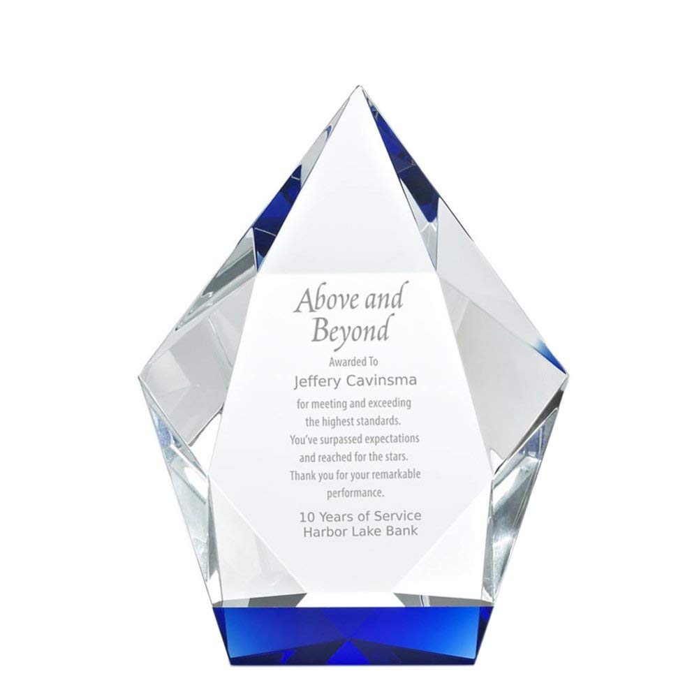 Personalized Engraved Crystal Trophy with Blue Base - Custom Employee Award - Elegant Gift Box Included - Perfect for Corporate Recognition, Milestone Celebrations & Retirement Gifts