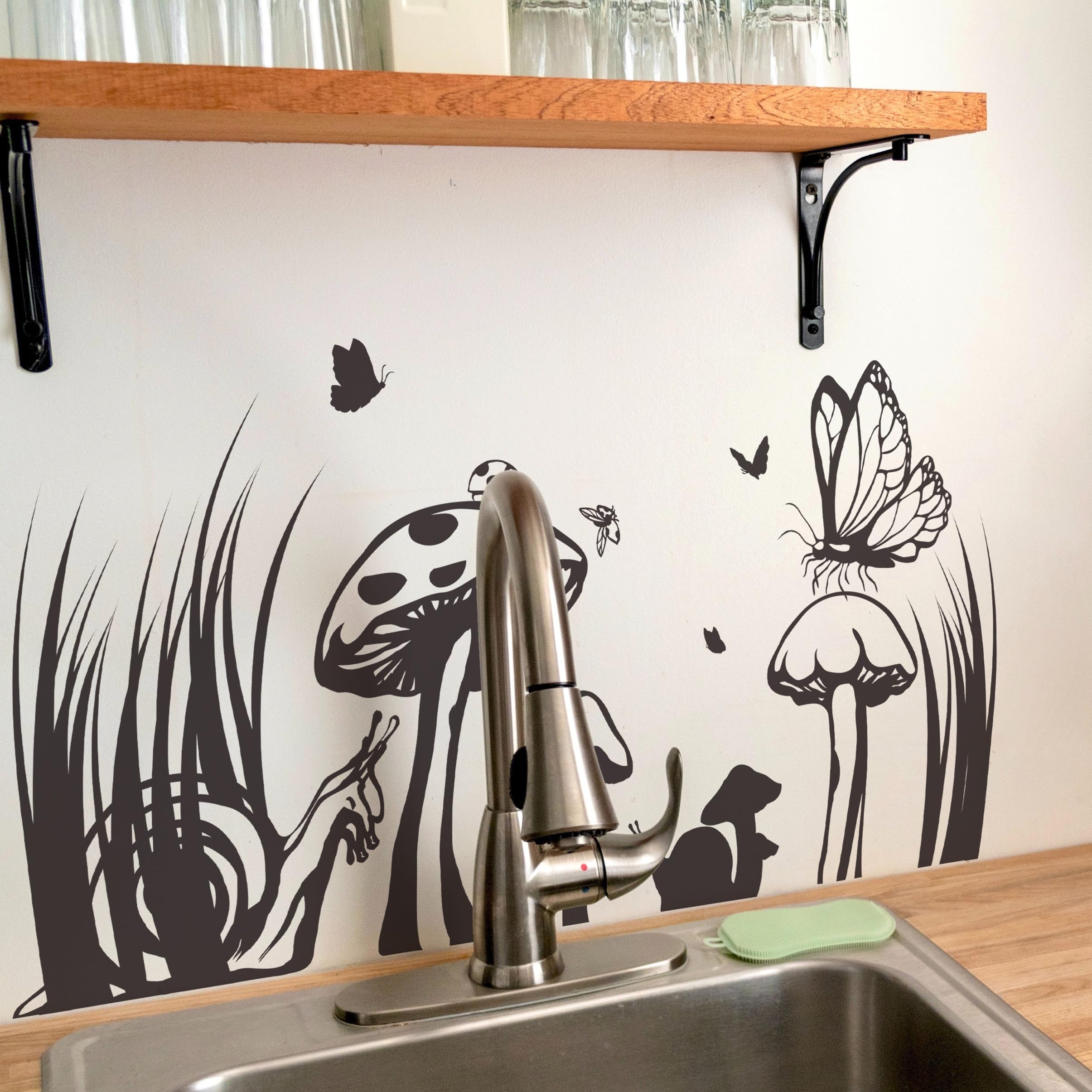 Field of Mushroom Wall Decal Sticker with Snails & Butterflies - Nature Inspired Bedroom Home Decor for Kids Room & Nursery | Peel and Stick Wall Art