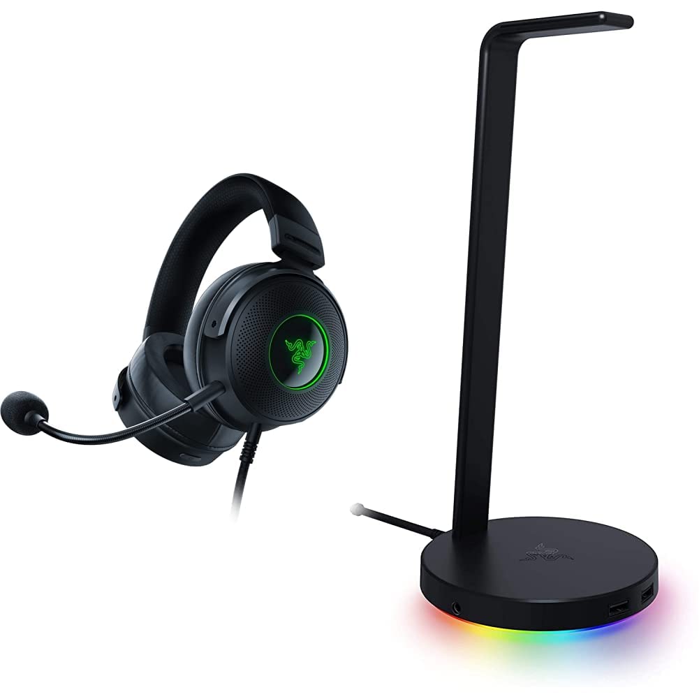 Razer Kraken V3 HyperSense Wired USB Gaming Headset with Haptic Technology & Base Station V2 Chroma Headset Stand with USB Hub and RGB Lighting - Black | Immersive PC Gaming Setup for Esports, Streaming, and Virtual Meetings