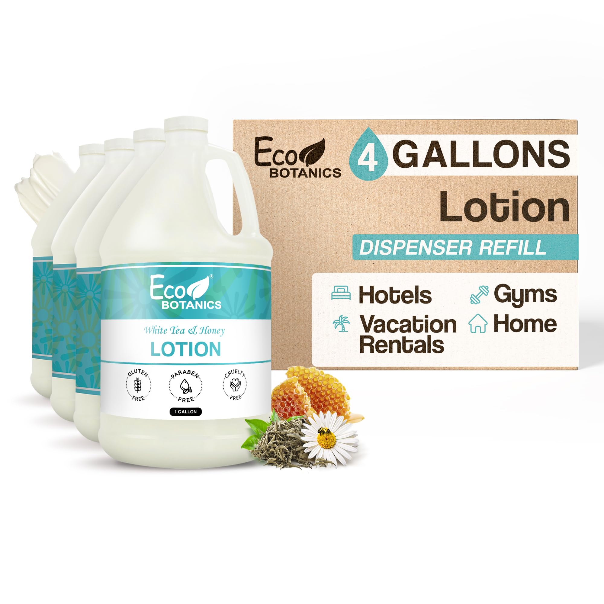 Terra Pure Eco Botanics Natural Lotion with Raw Honey & White Tea - 1 Gallon Bulk Refill for Soap Dispensers | Moisturizing Body Lotion for Airbnb, Vacation Rentals, Home & Spa Use | Set of 4 Jugs | Organic Skincare for Dry Hands & Body