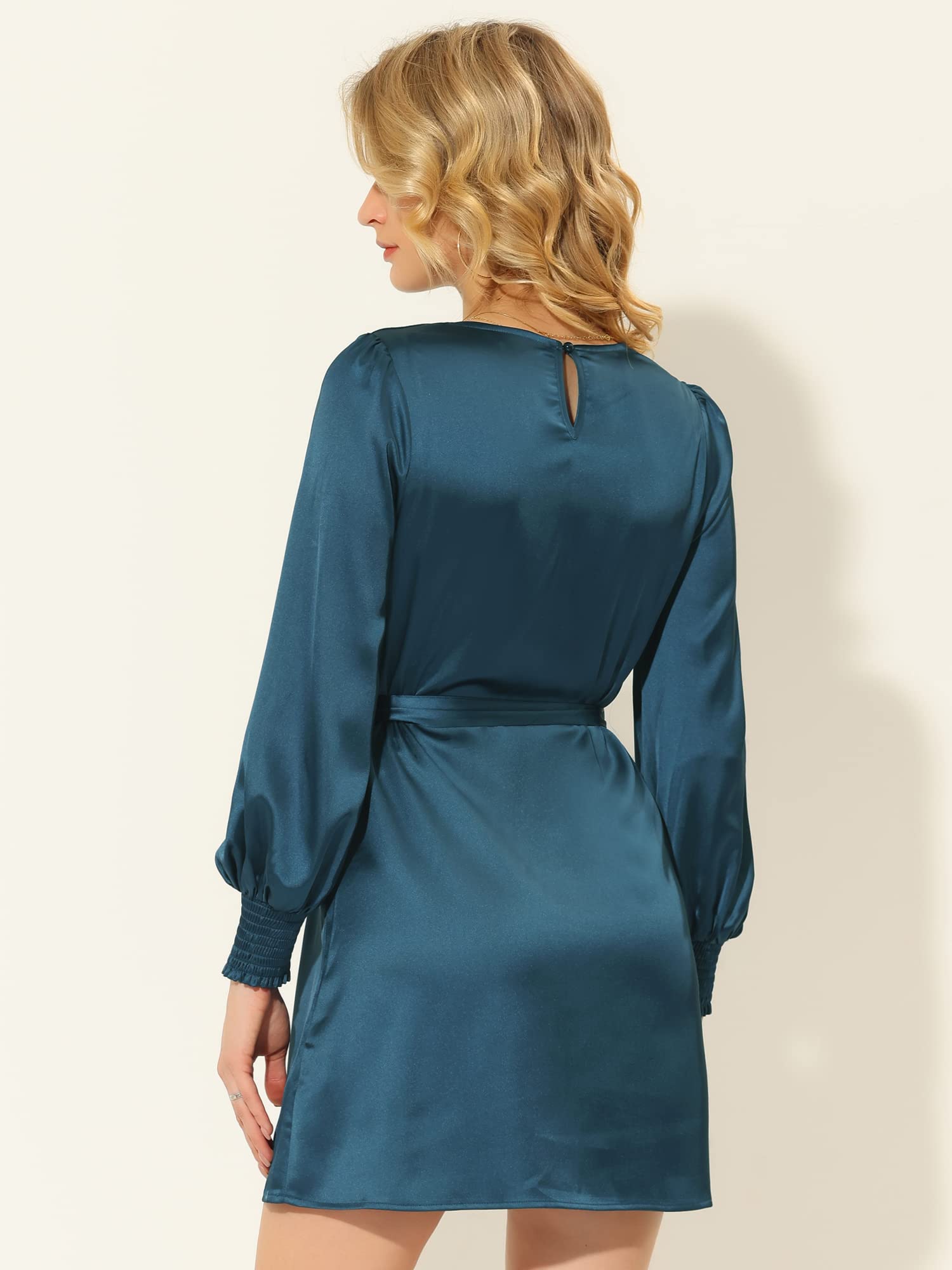 Allegra K Women's Satin Shift Dress with Lantern Sleeves & Tie Waist - Elegant Round Neck Party Cocktail Dress for Wedding, Evening & Special Occasions