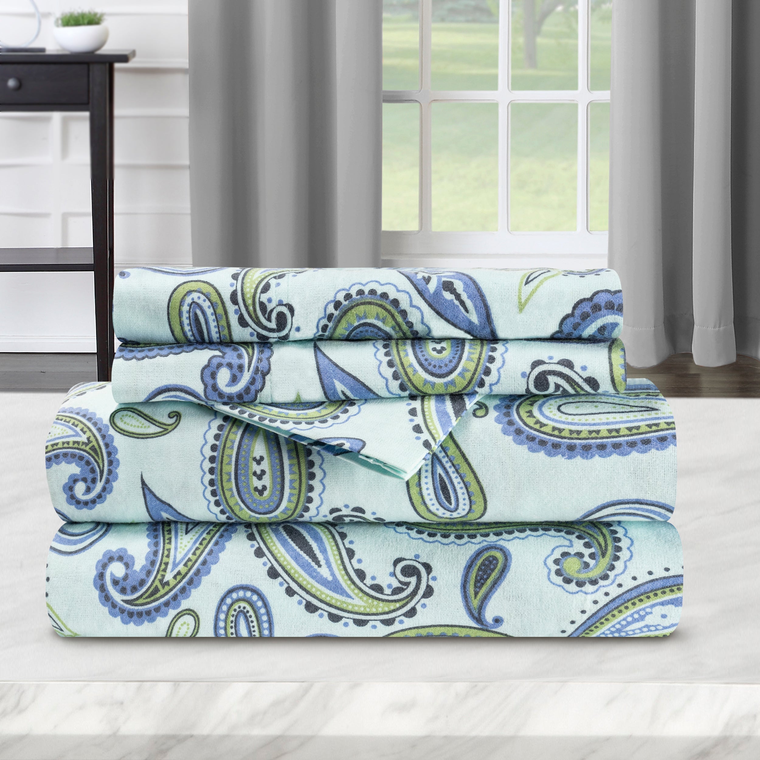 Soft Flannel Cotton Floral Paisley Bed Sheet Set with Deep Pockets - Queen Size, 4-Piece Set for Cozy Winter Nights & Guest Room Comfort