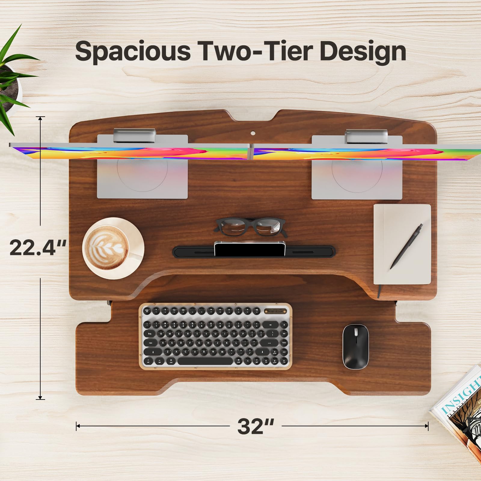 32 Inch Height Adjustable Standing Desk Converter - Sit Stand Desk Riser with Keyboard Tray for Dual Monitors | Ergonomic Home Office Workstation in Dark Wood Finish | Perfect for Remote Work & Computer Setup