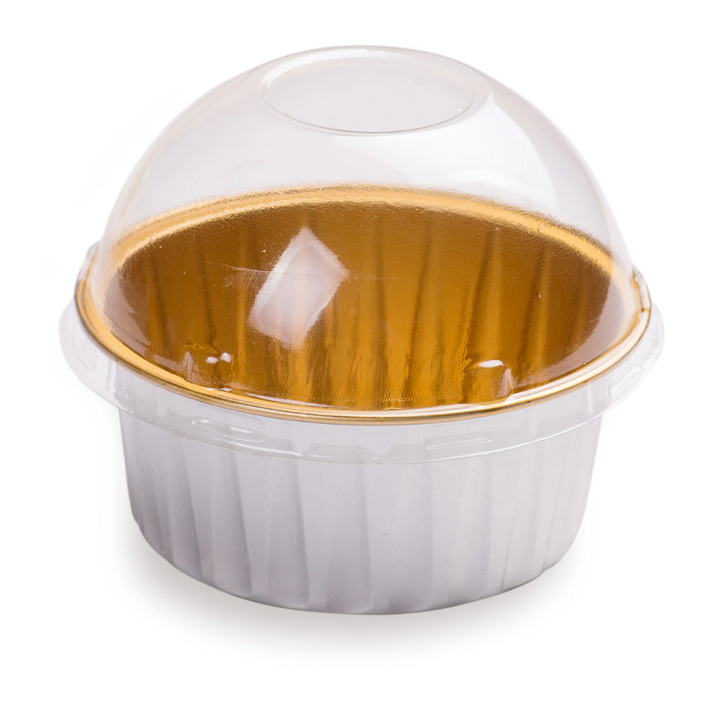 Premium 4 oz Round Silver Aluminum Baking Cups with Inner Gold Coating & Plastic Dome Lids - 3.25