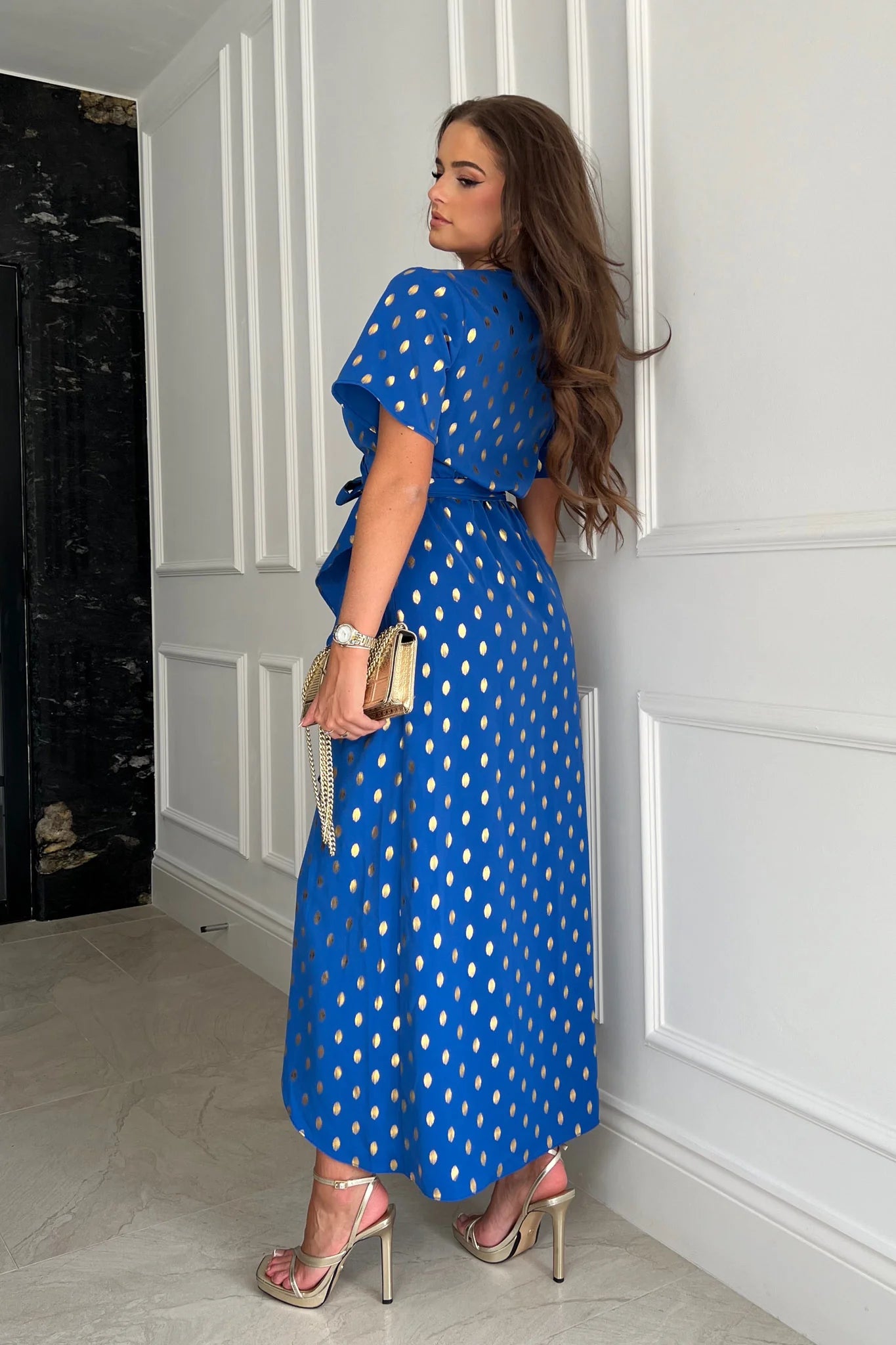 Farrah Foil Split Hem Frill Detail Maxi Dress for Women - Elegant Blue Flowy Evening Gown with Side Slit & Ruffles, Perfect for Parties, Weddings & Special Occasions
