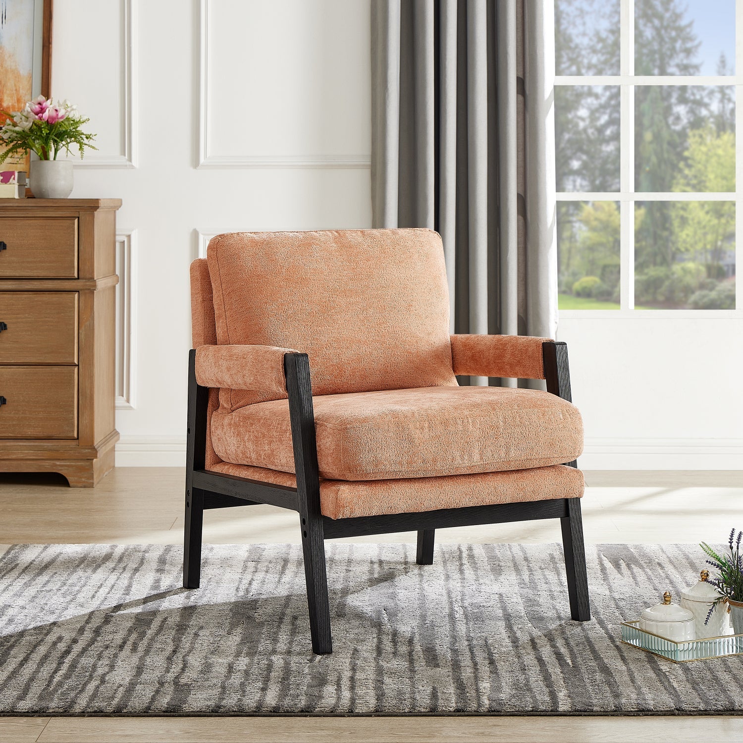 Roundhill Furniture Kelly Mid Century Modern Chenille Upholstered Accent Armchair - Stylish Living Room Chair for Home Office, Lounge & Reading Nook