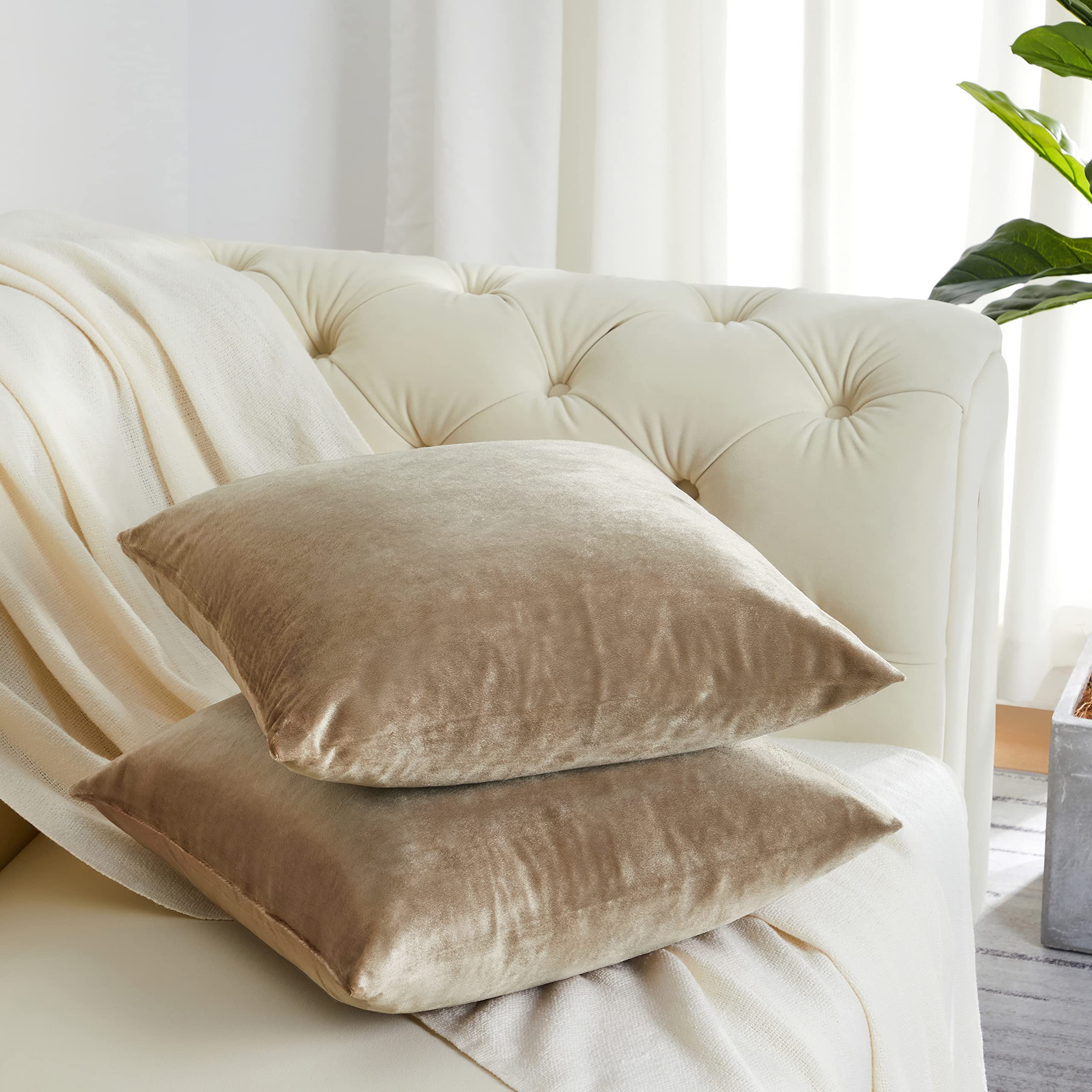 GIGIZAZA Velvet Boho Decorative Throw Pillow Covers 16x16 Inch - Set of 2 Taupe Square Couch Cushion Covers for Sofa, Bed & Living Room Decor