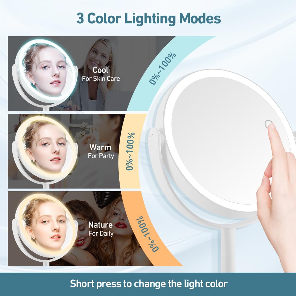 20X Magnifying Makeup Mirror with LED Lights - 3 Color Adjustable Light Modes, Double-Sided Switch, 8.6 Inch - Perfect for Professional Makeup Application, Skincare Routine & Precise Grooming at Home or Salon