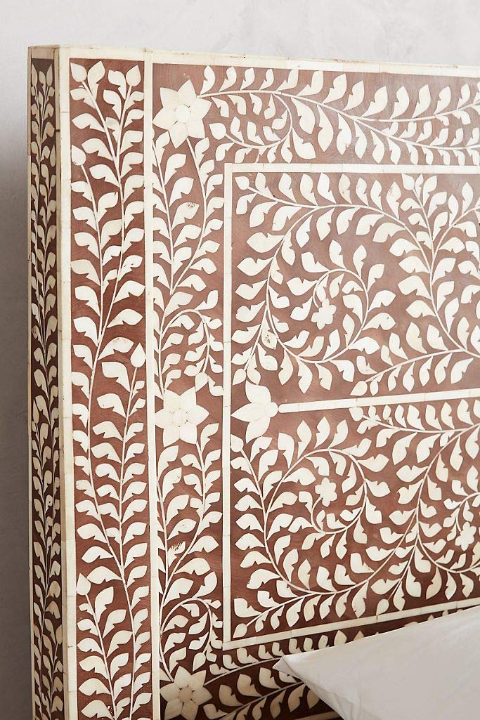 Handmade Queen Size Floral Brown Bone Inlay Bedroom Furniture - Elegant Decorative Headboard for Master Bedroom & Guest Room Decor