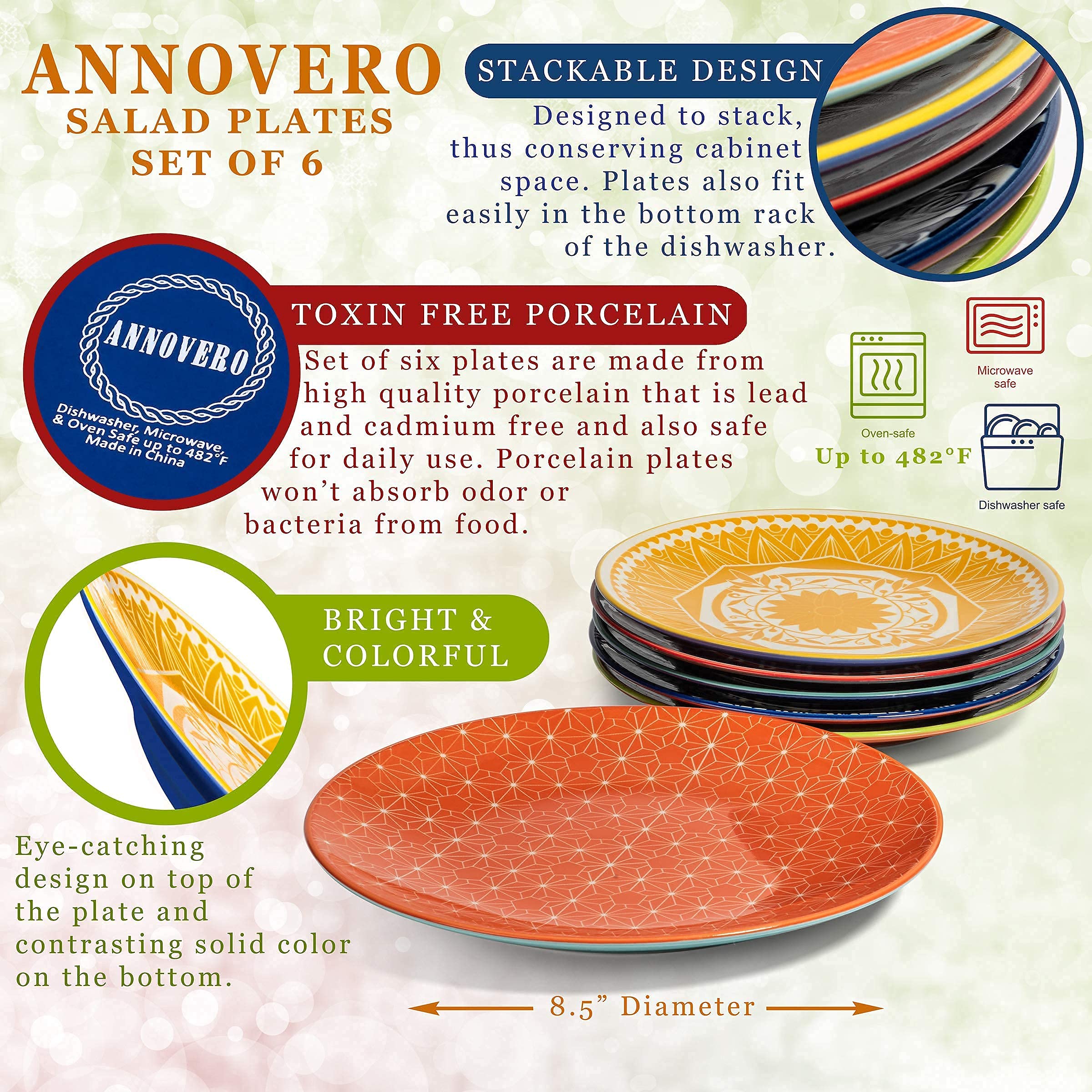 Annovero Coffee Mugs & Salad Plates Set - Colorful Porcelain Dinnerware for Kitchen - Microwave & Dishwasher Safe - Perfect for Breakfast, Coffee Time, and Casual Dining