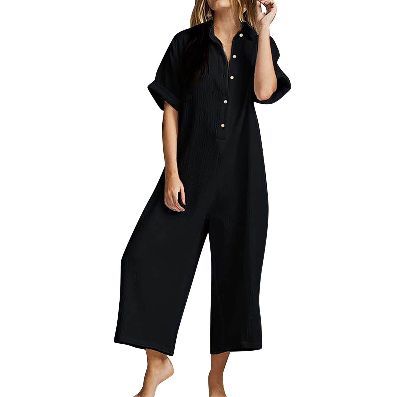 Women's Long Sleeve Turtleneck Jumpsuit with Pockets - Summer Short Sleeve Romper for Casual Wear & Office Outfits (Black, Medium)