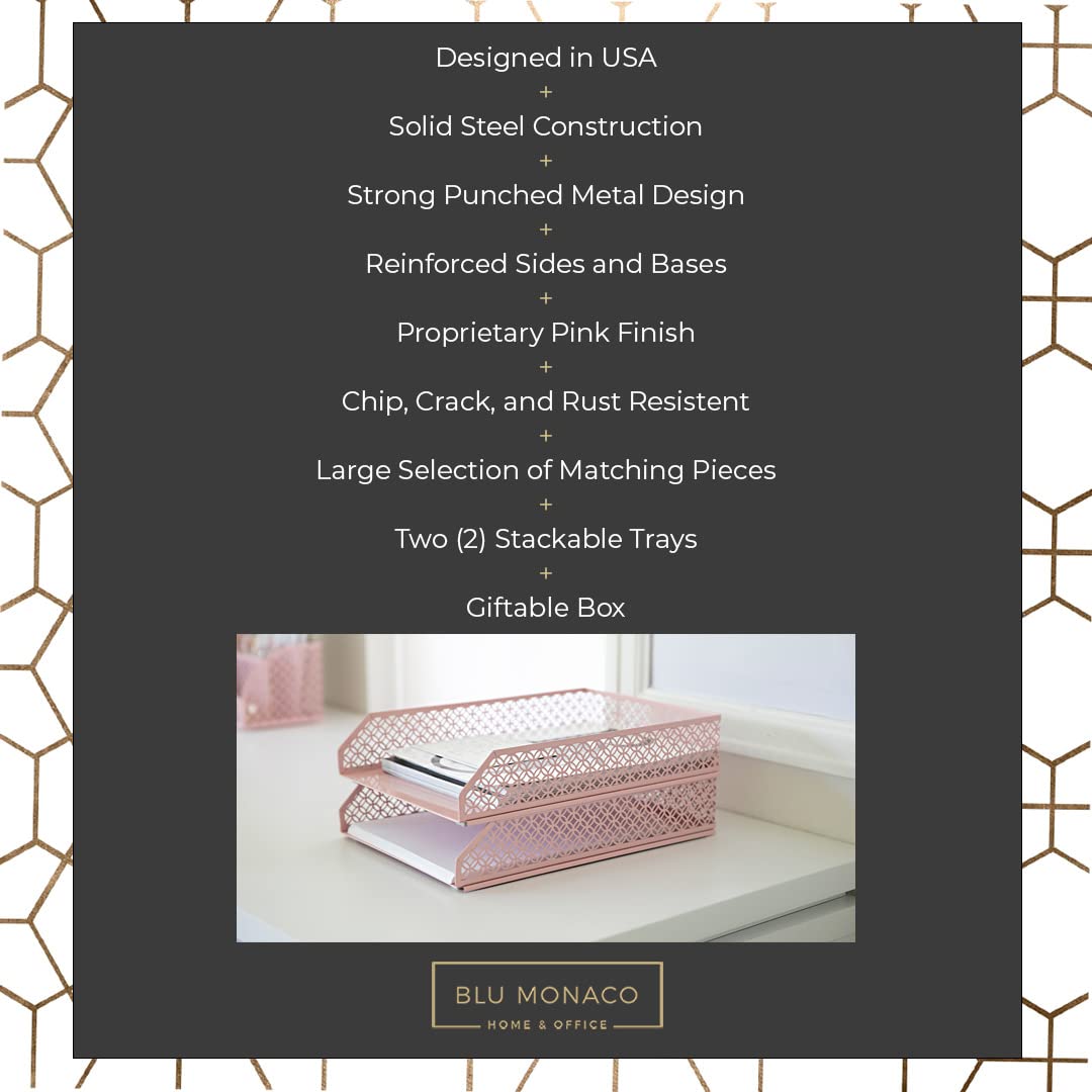 Blu Monaco Pink Metal Stackable Desk Organizer - 2-Tier Paper Tray Set for Office, Home & School - Perfect for Letters, Files & Stationery Storage (Set of 2)