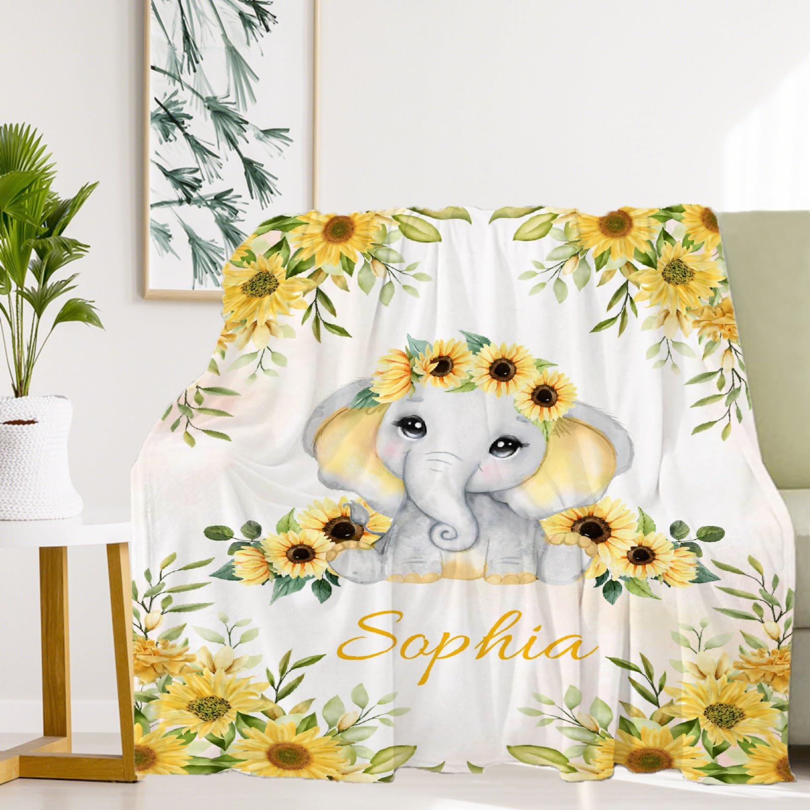 Personalized Baby Blanket with Name - Custom Sunflower Elephant Fleece Throw for Boys & Girls - Soft Cozy Plush Quilt for Nursery, Crib & Family Gifts - Perfect for Baby Showers, Birthdays & Newborn Photos