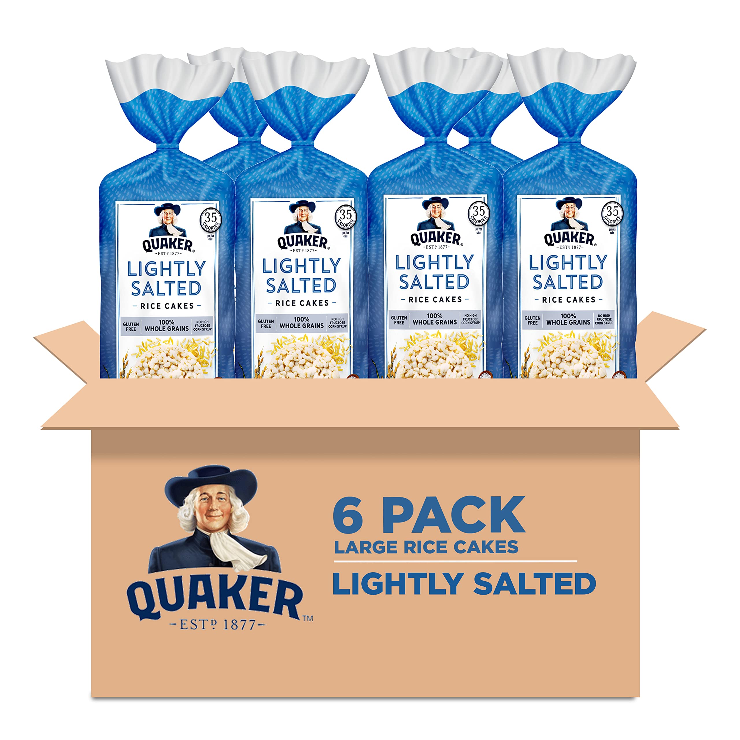 Quaker Large Rice Cakes - Lightly Salted, 6-Pack | Healthy Snacks for Weight Loss, Gluten-Free & Vegan | Perfect for Office, School & On-the-Go