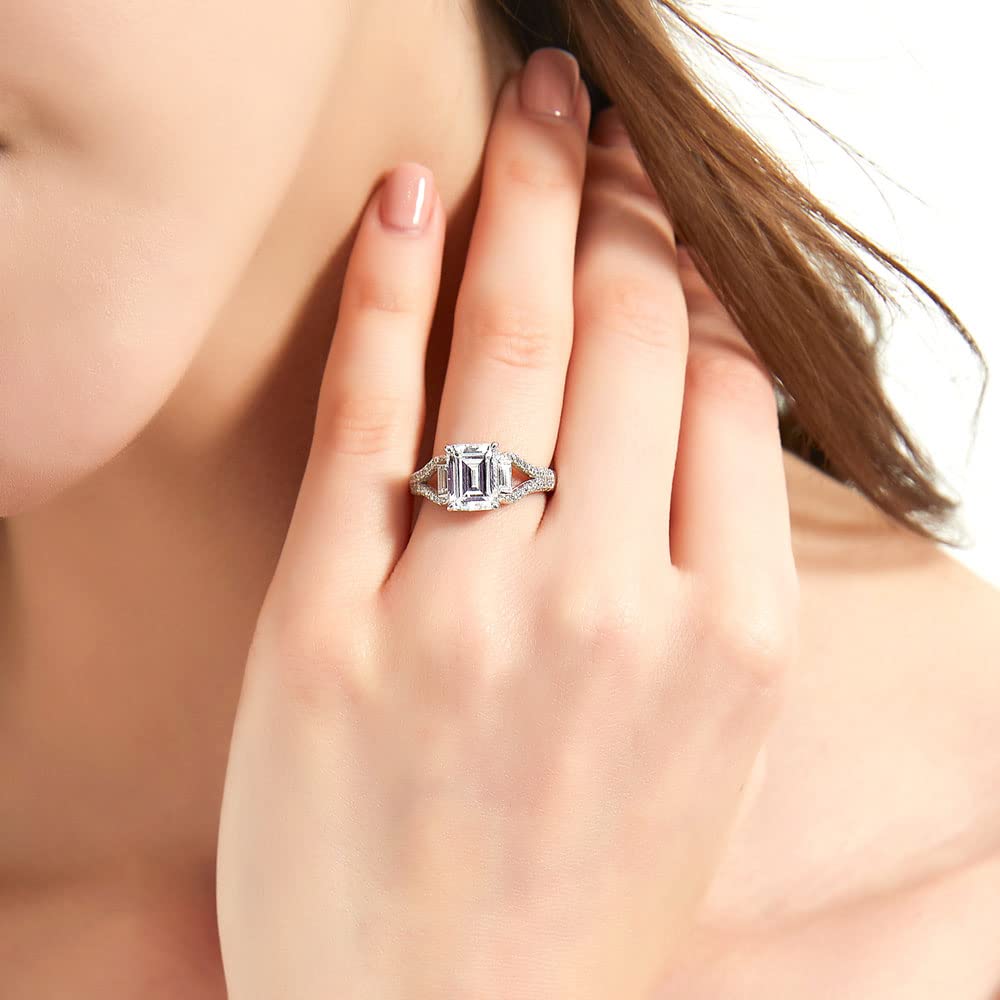 BERRICLE Sterling Silver Solitaire Wedding & Engagement Ring - 2.6 Carat Emerald Cut Cubic Zirconia CZ Split Shank Ring for Women, Rhodium Plated (Size 4-10) | Elegant Bridal Jewelry for Proposals, Anniversaries & Special Occasions