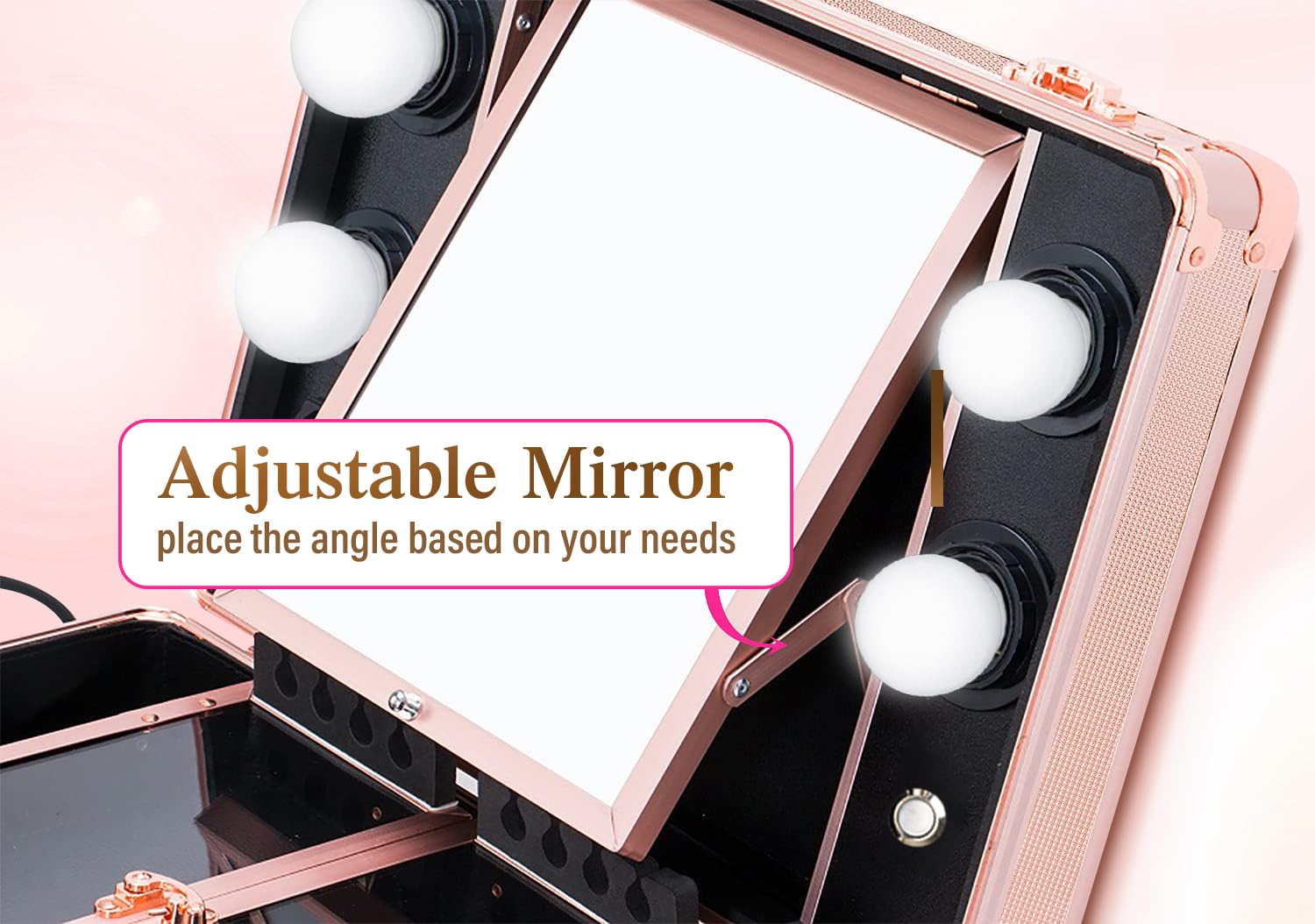Kemier Professional Makeup Train Case with LED Lights & Mirror - Large Cosmetic Organizer Box with Custom Dividers, Rose Gold Makeup Artist Kit for Travel & Salon Use