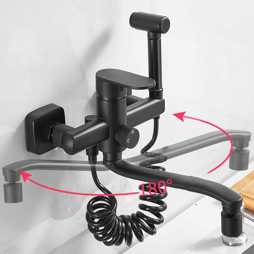 Black Wall Mount Kitchen Sink Faucet - Double Hole Hot and Cold Water Mixer Tap with 180° Rotatable Spray Gun & 30cm Brass Outlet Pipe - Perfect for Modern Kitchens, Restaurants, and RV Camping