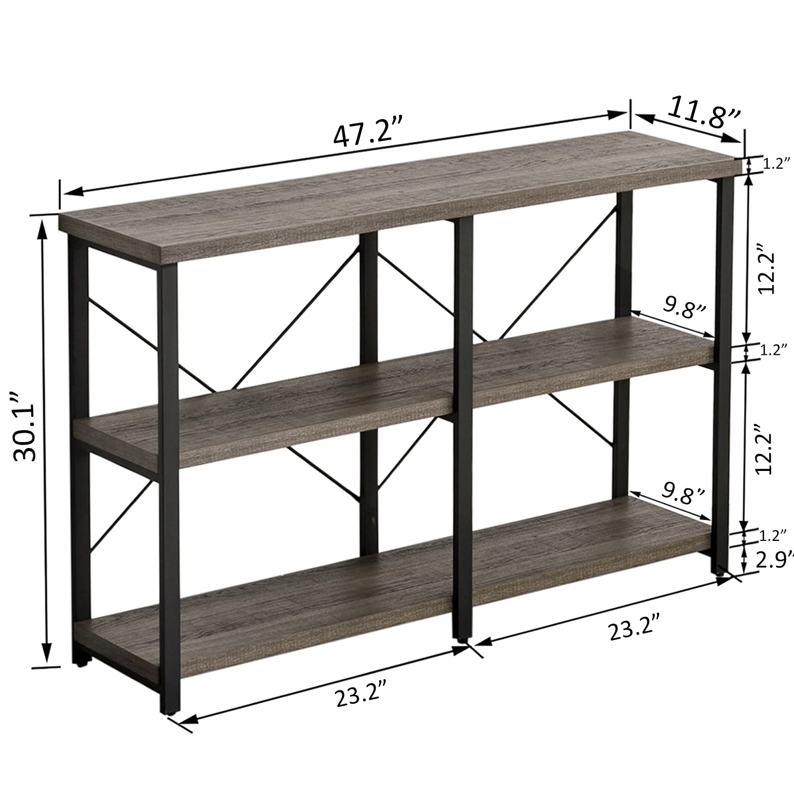 Rustic Industrial Console Table - 47 Inch Gray Oak Entryway Sofa Table with Open Storage Bookshelf | Perfect for Living Room, Hallway & Home Office Decor