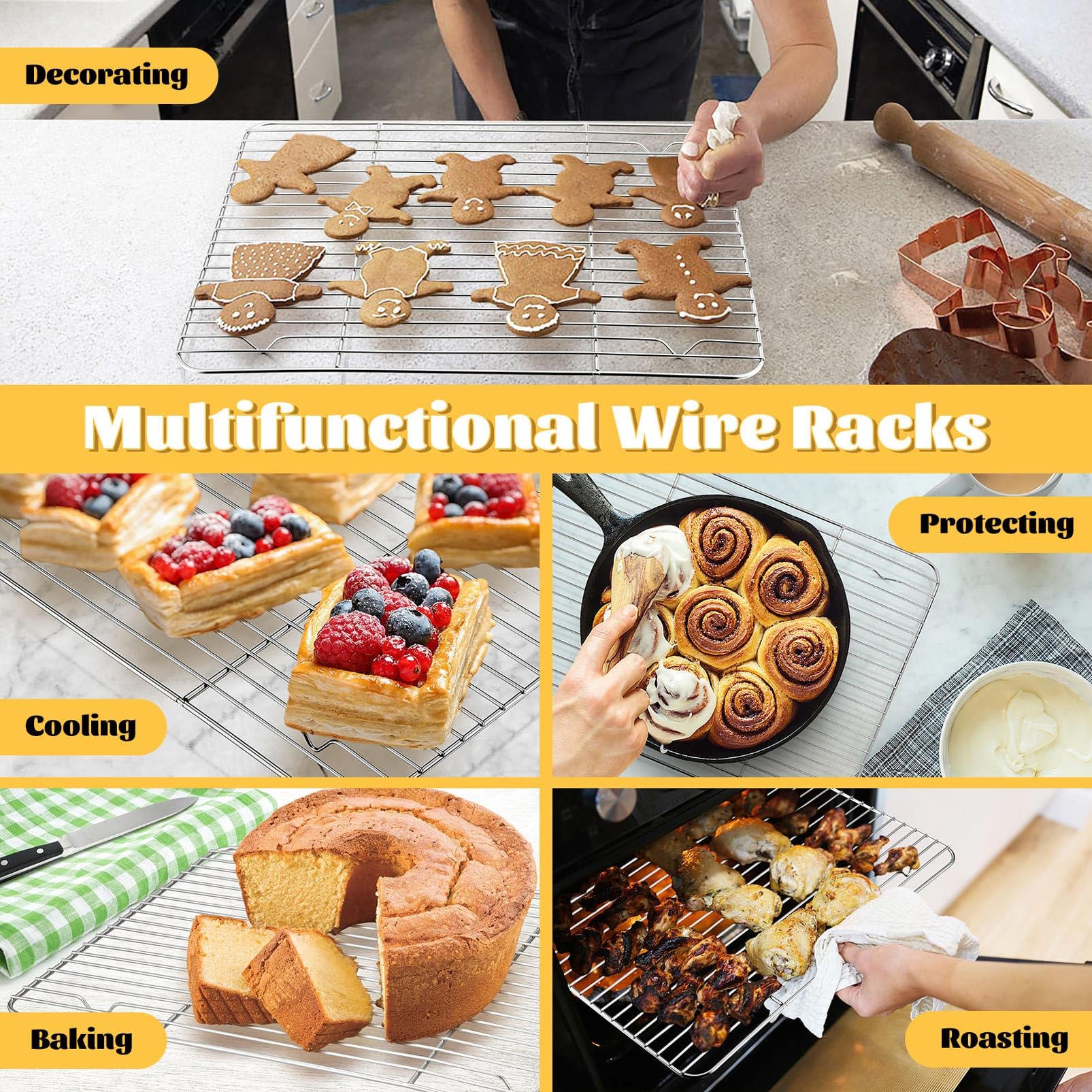 P&P CHEF 4-Piece Stainless Steel Baking Cooling Rack Set - 15.3 Inch Oven-Safe Wire Racks for Cooking, Roasting & Cooling - Dishwasher Safe & Healthy for Baking Cookies, Cakes & Breads - Perfect for Home Bakers & Professional Kitchens