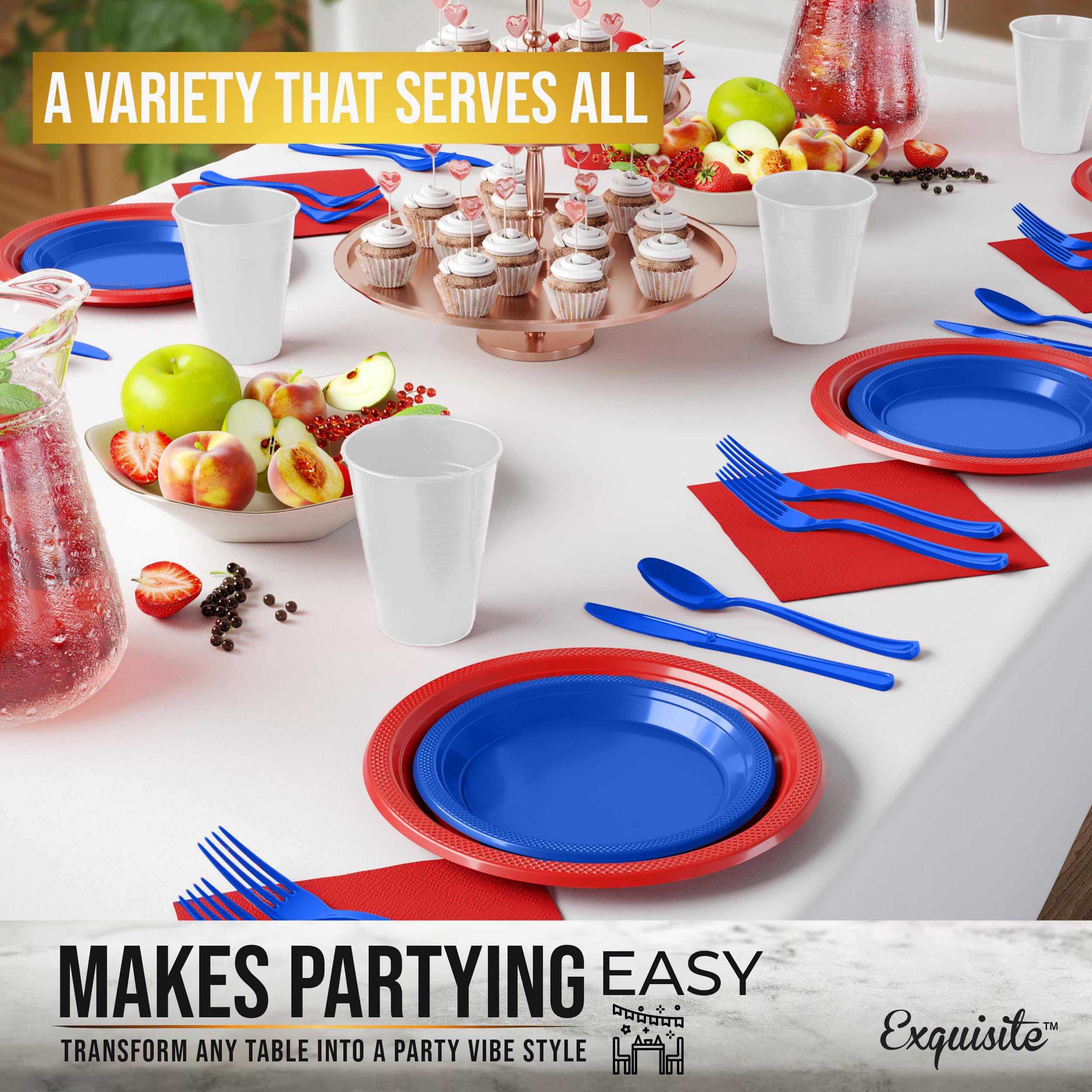 4th of July Party Supplies Set - 350 Pcs Red White & Blue Patriotic Dinnerware Kit with 9