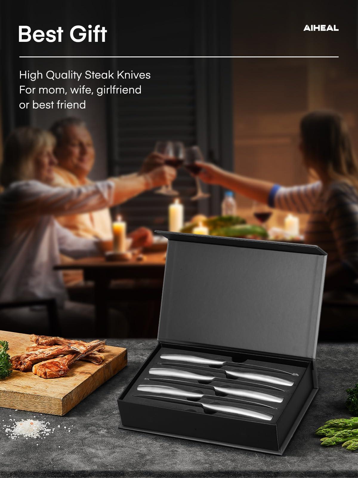 Premium 12-Piece Stainless Steel Steak Knife Set - 4.5 Inch Sharp Micro-Serrated Blades, Never Needs Sharpening - Perfect for Dinner Parties, BBQs, and Steakhouse-Style Dining at Home
