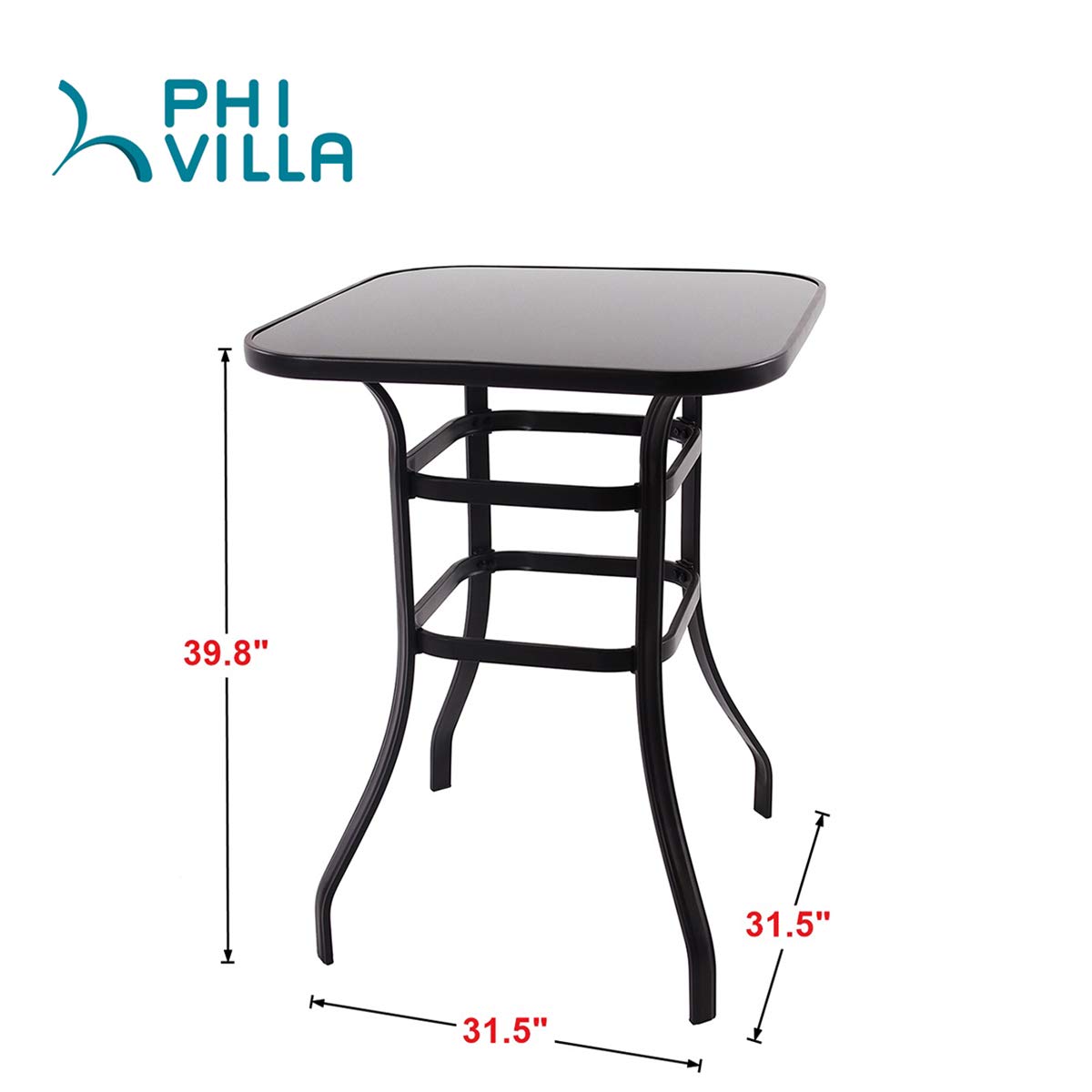 PHI VILLA 36 Inch Bar Height Bistro Table - Outdoor Patio Pub Table with Tempered Glass Top - Perfect for Backyard, Deck, Poolside & Garden Dining