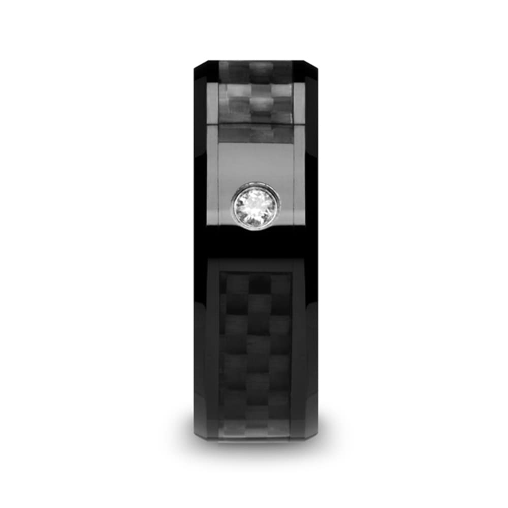 Roy Rose Men's Black Ceramic & Carbon Fiber Inlaid Diamond Wedding Band Ring - Comfort Fit Dome Design - 8mm Wide - Angus Style - Perfect for Engagements, Weddings & Anniversary Gifts