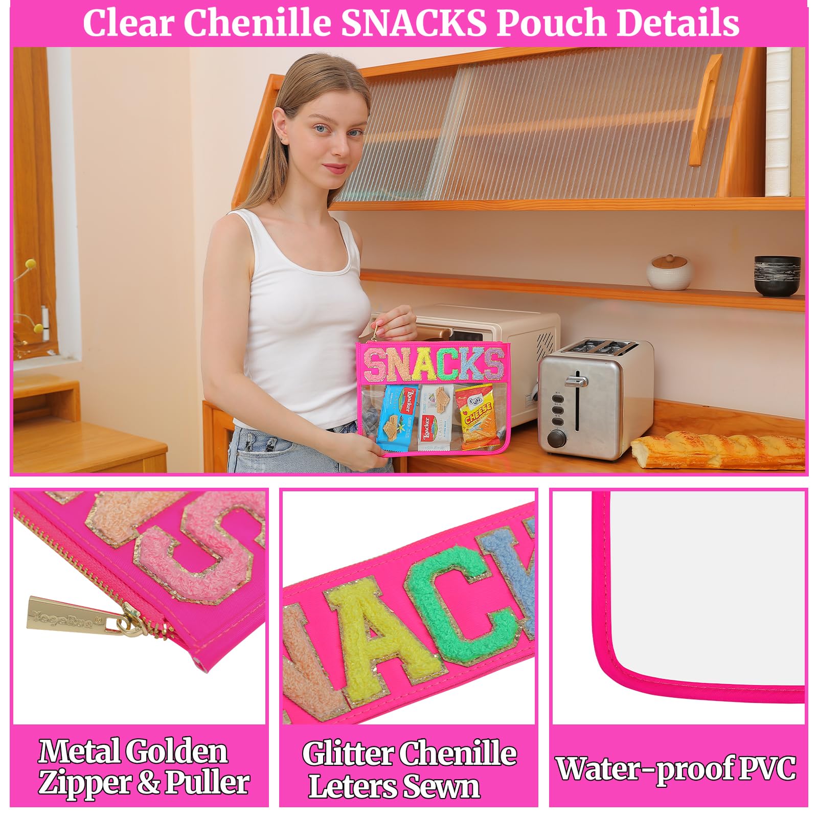 Glitter Chenille Clear Snack Pouch Bag - Transparent Zipper Travel Snack Bags for Women (Hot Pink) - Perfect for School, Office, Travel & Party Snack Storage