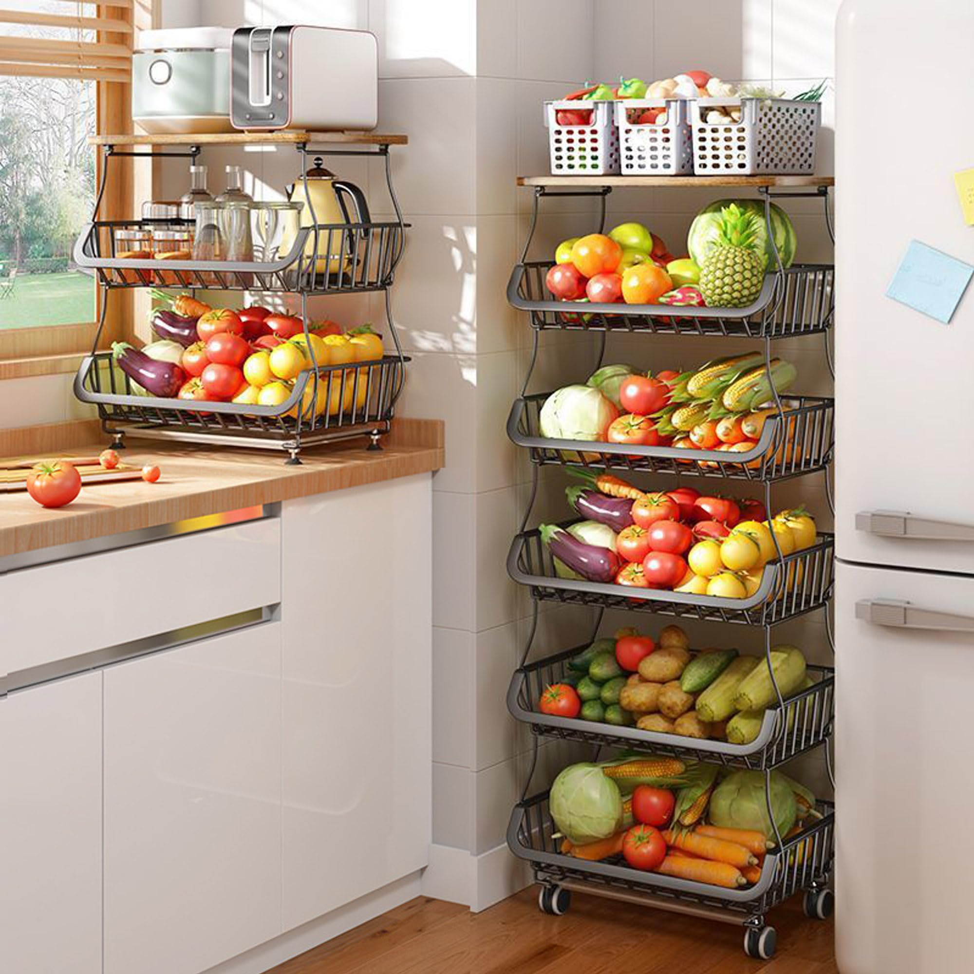 BEEY 6-Tier Kitchen Storage Cart with Rolling Wheels & Wood Tabletop - Stackable Fruit & Vegetable Basket Organizer for Pantry, Bathroom, Garage - Perfect for Home, Office, and Commercial Use