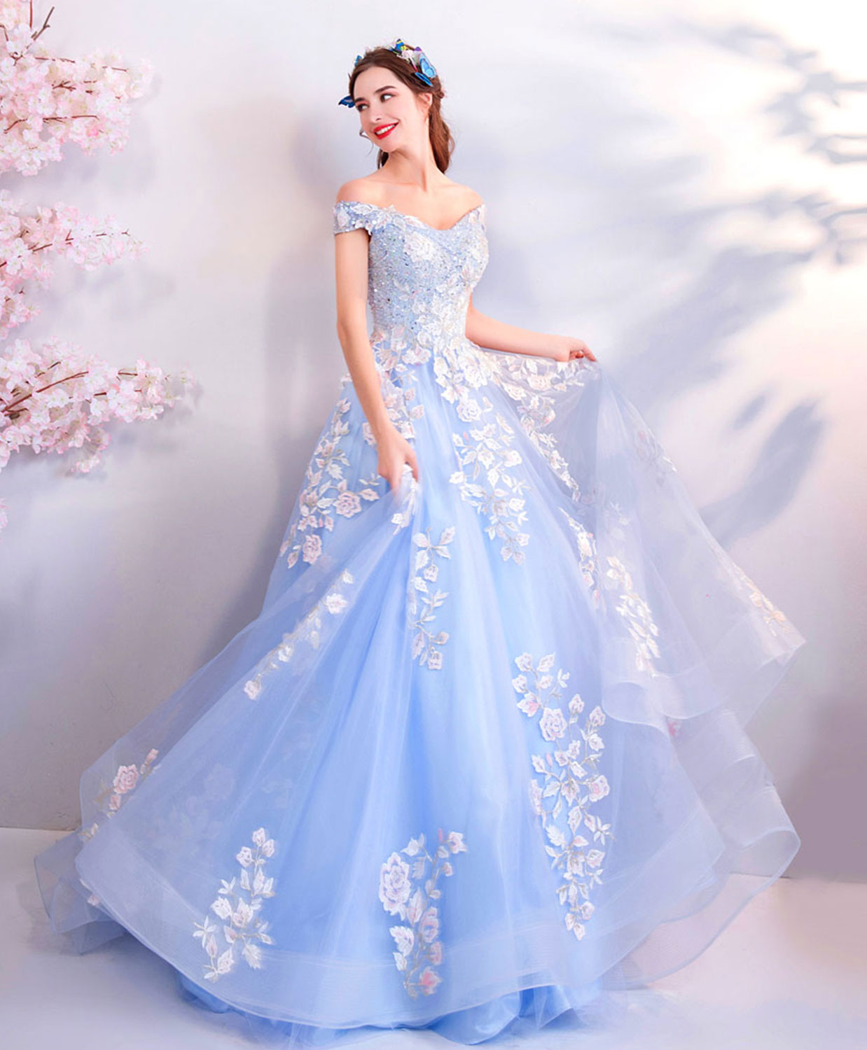 Elegant Blue Off-Shoulder Tulle Lace Applique Long Prom Dress | Formal Evening Gown for Homecoming, Wedding & Special Occasions