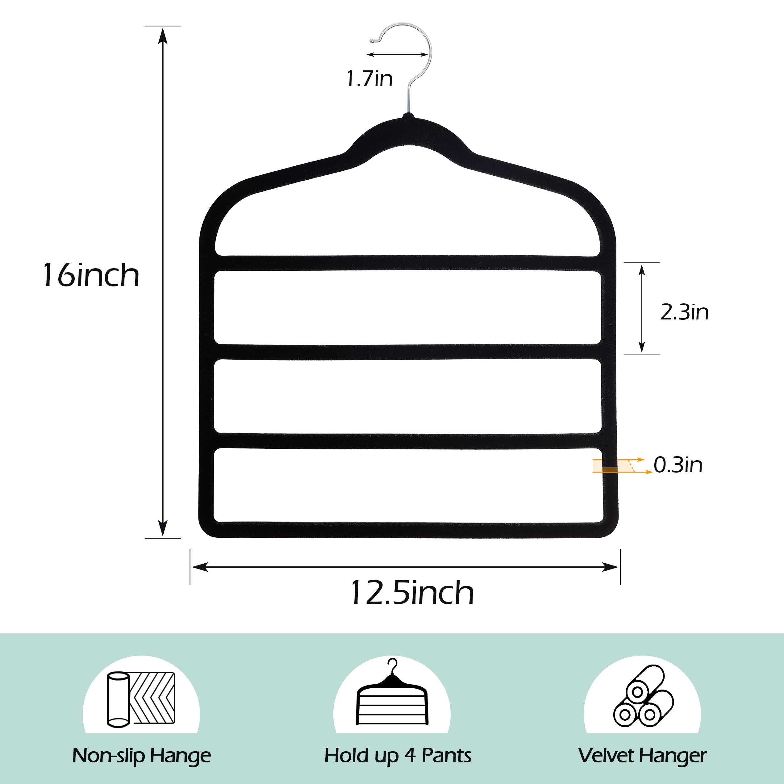 Velvet Non-Slip Pants Hangers - Space Saving Closet Organizer for Jeans, Shorts, Trousers, Scarf & Tie - 5 Pack Black Velvet Hangers for Wardrobe Storage & Organization - Perfect for Small Closets, Travel & Home Use