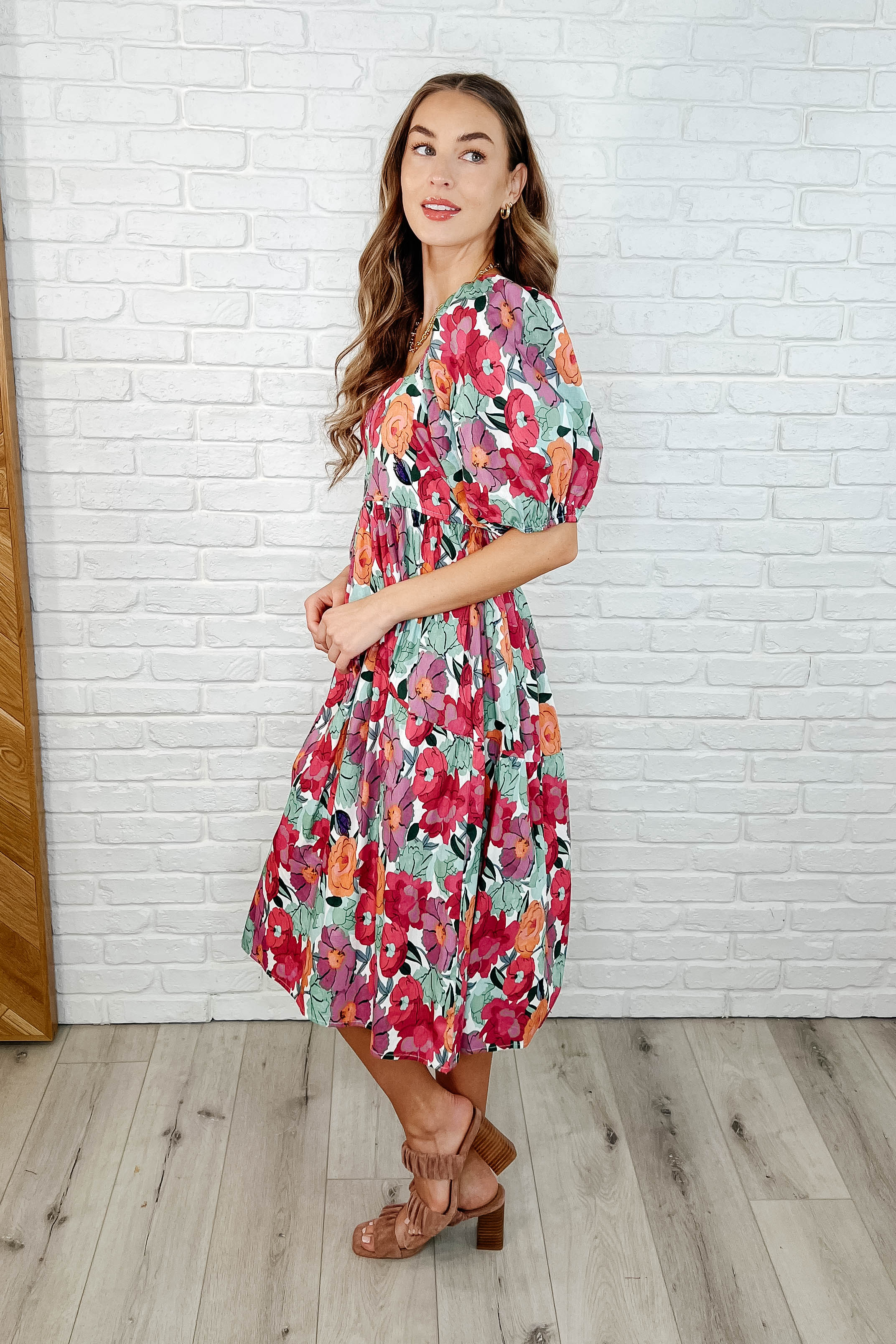 Dewdrop Blooms Puff Sleeve Floral Dress for Women | Summer Garden Party & Wedding Guest Outfit | Elegant A-Line Midi Dress with Ruffles