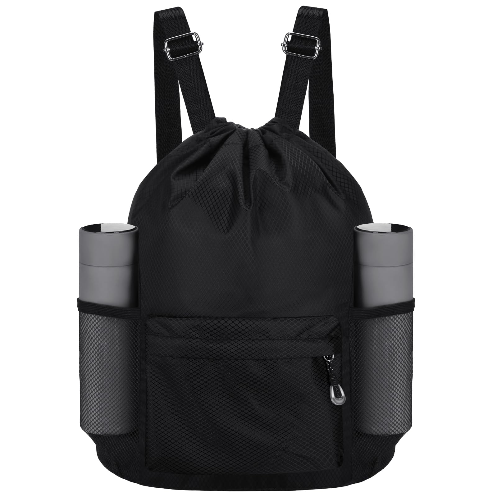 Waterproof Drawstring Backpack - Lightweight Gym Sack with Water Bottle Holder & Pockets for Sports, Travel, Hiking & Outdoor Activities (Black)
