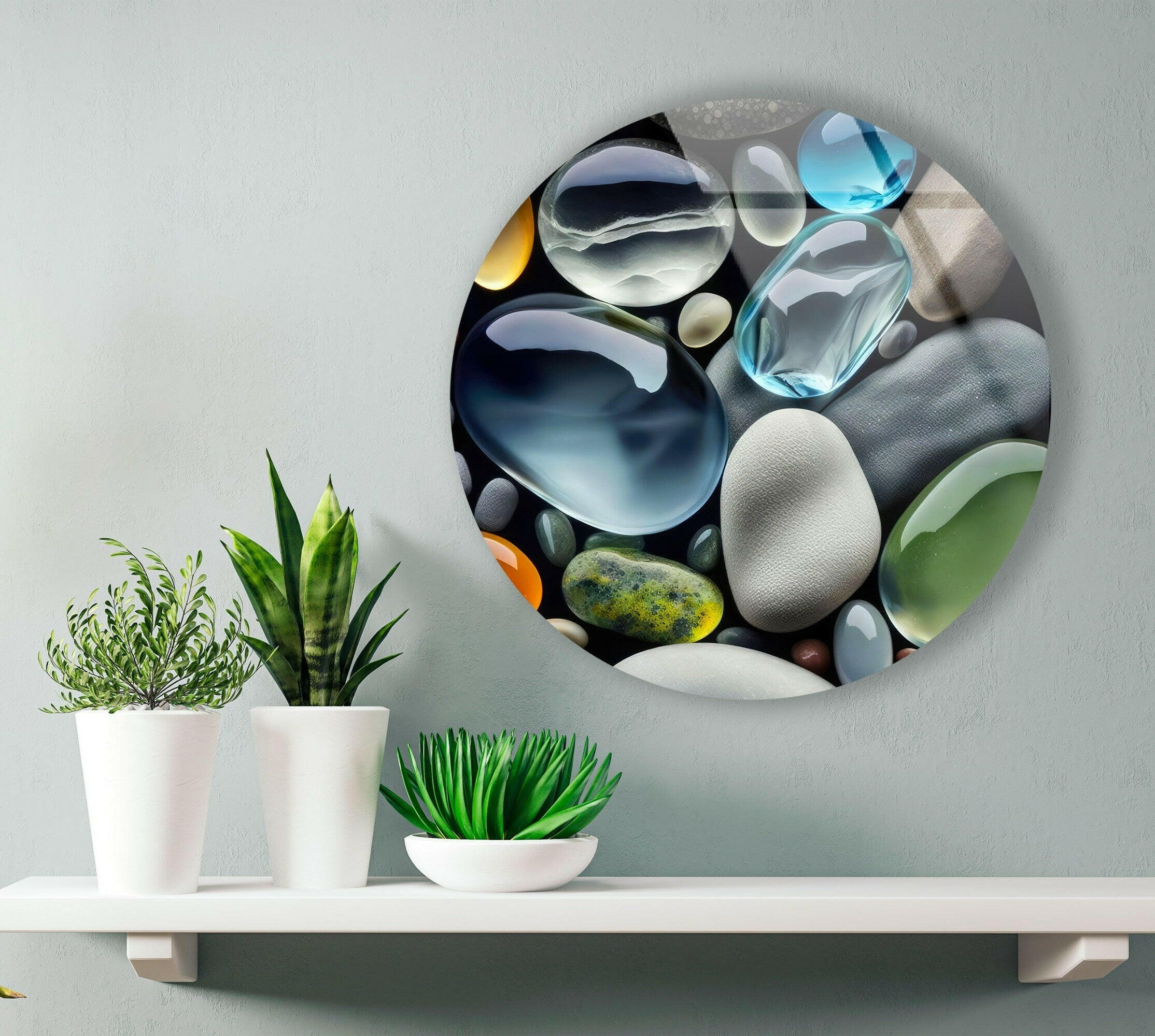 Blue & Gray Zen Spa Stones Round Glass Wall Art - Handmade Decorative Piece for Meditation, Yoga, and Relaxation Spaces - Perfect for Home, Office, or Spa Décor