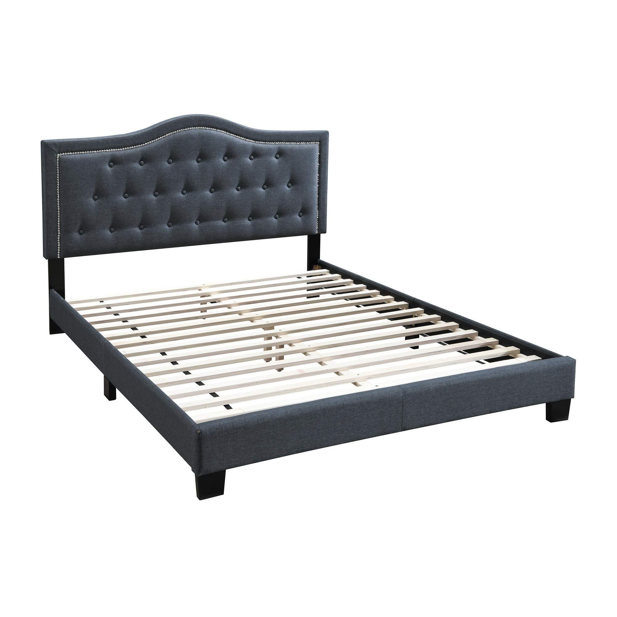 Benjara BM232021 Queen Size Button Tufted Upholstered Bed Frame with Curved Headboard in Charcoal Grey Burlap Fabric - Perfect for Modern Bedroom, Guest Room, and Master Suite Decor