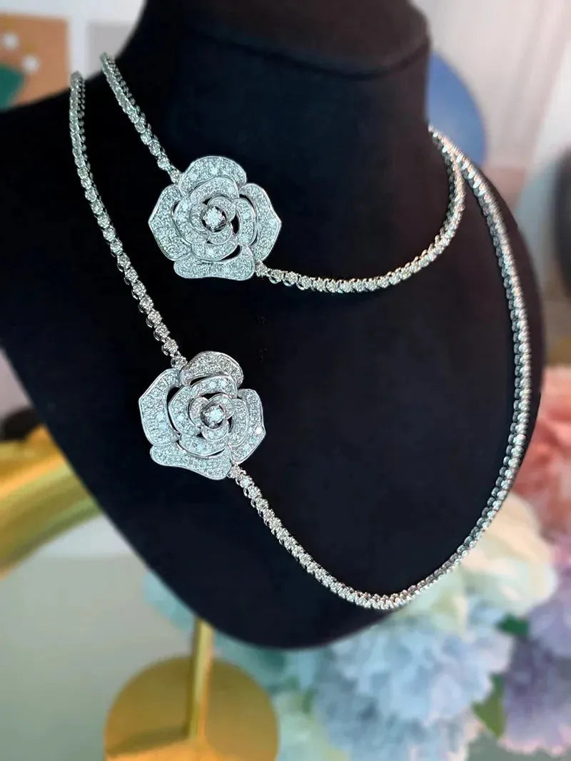 18K White Gold Diamond Pendant Necklace for Women - 3.5 Carat Natural Diamond Rose Design Wedding Jewelry, Elegant Bridal Gift & Anniversary Present