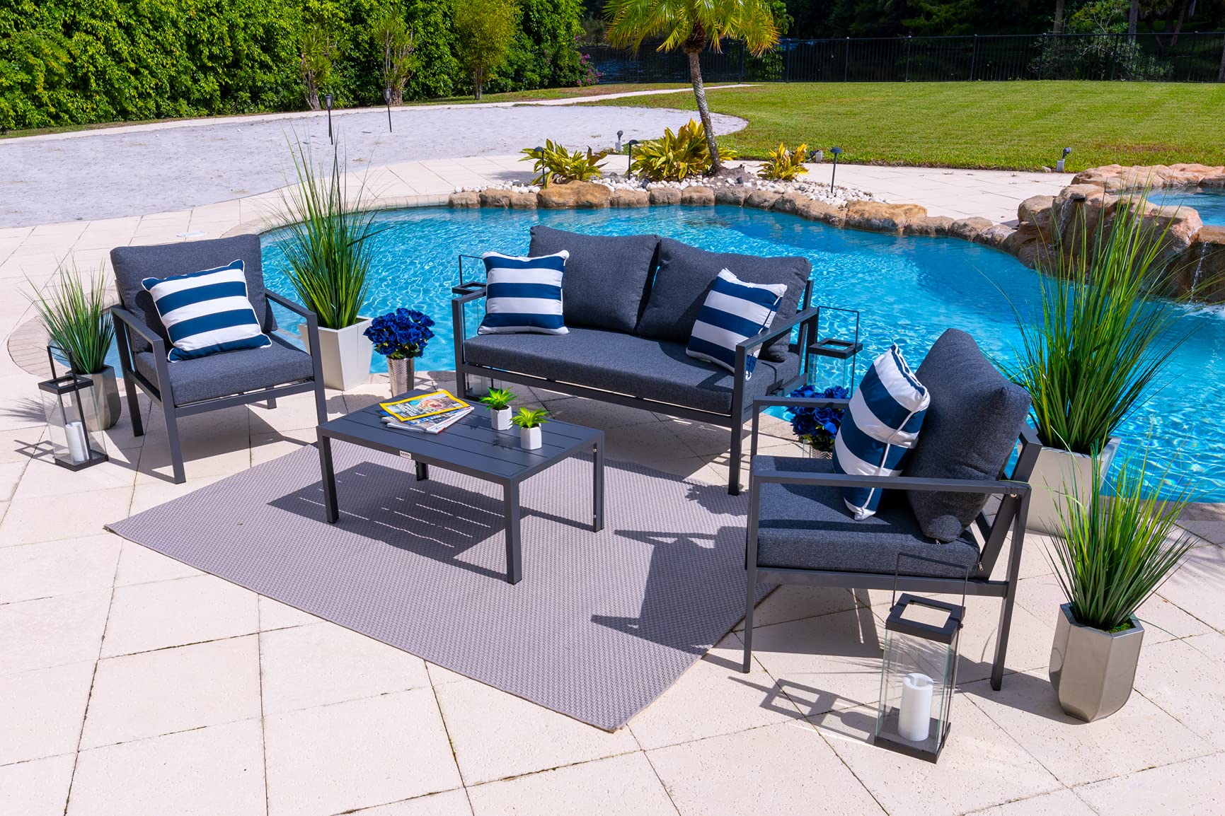 Juno 4-Piece Aluminum Outdoor Patio Furniture Set - Charcoal Gray Conversation Sofa with Loveseat, 2 Armchairs & Coffee Table - Perfect for Garden, Backyard, Poolside & Terrace Relaxation