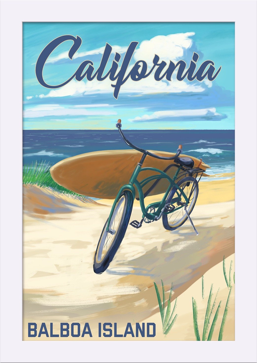 Balboa Island California Beach Cruiser Bicycle Art Print - 12x18 Giclee Fine Art on Recycled Wood Frame in White - Perfect for Coastal Home Decor & Beach House Wall Art