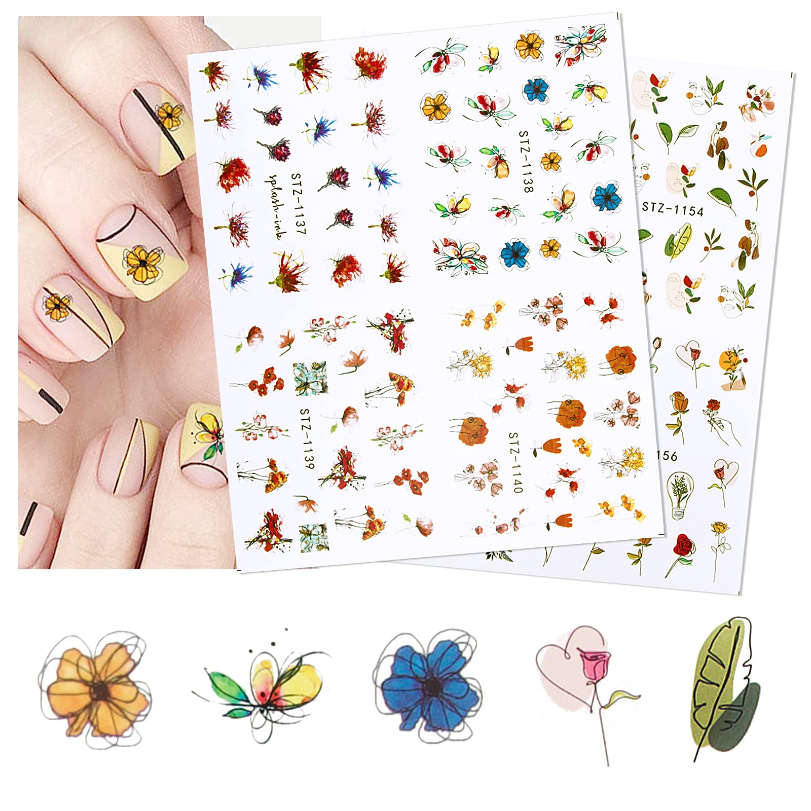 11 Sheets Water Transfer Nail Stickers - Floral Leaves, Sunflower & Butterfly Designs | DIY Nail Art Decals for Women & Girls | Perfect for Parties, Weddings & Everyday Nail Decoration